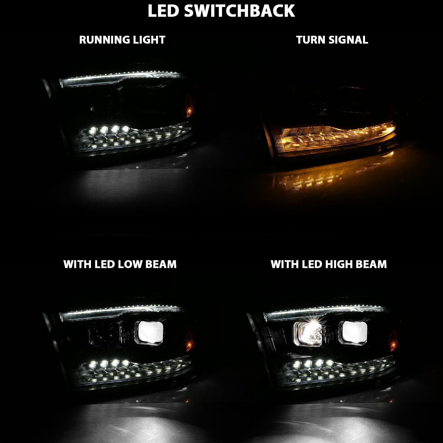 2010-2018 Dodge Ram 1500/2500/3500 Anzo LED Projector Plank Style Switchback Headlights Black Amber