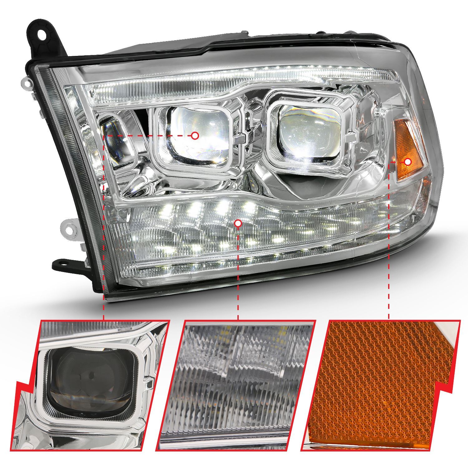 2010-2018 Dodge Ram 1500/2500/3500 Anzo LED Projector Plank Style Switchback Headight Chrome Amber