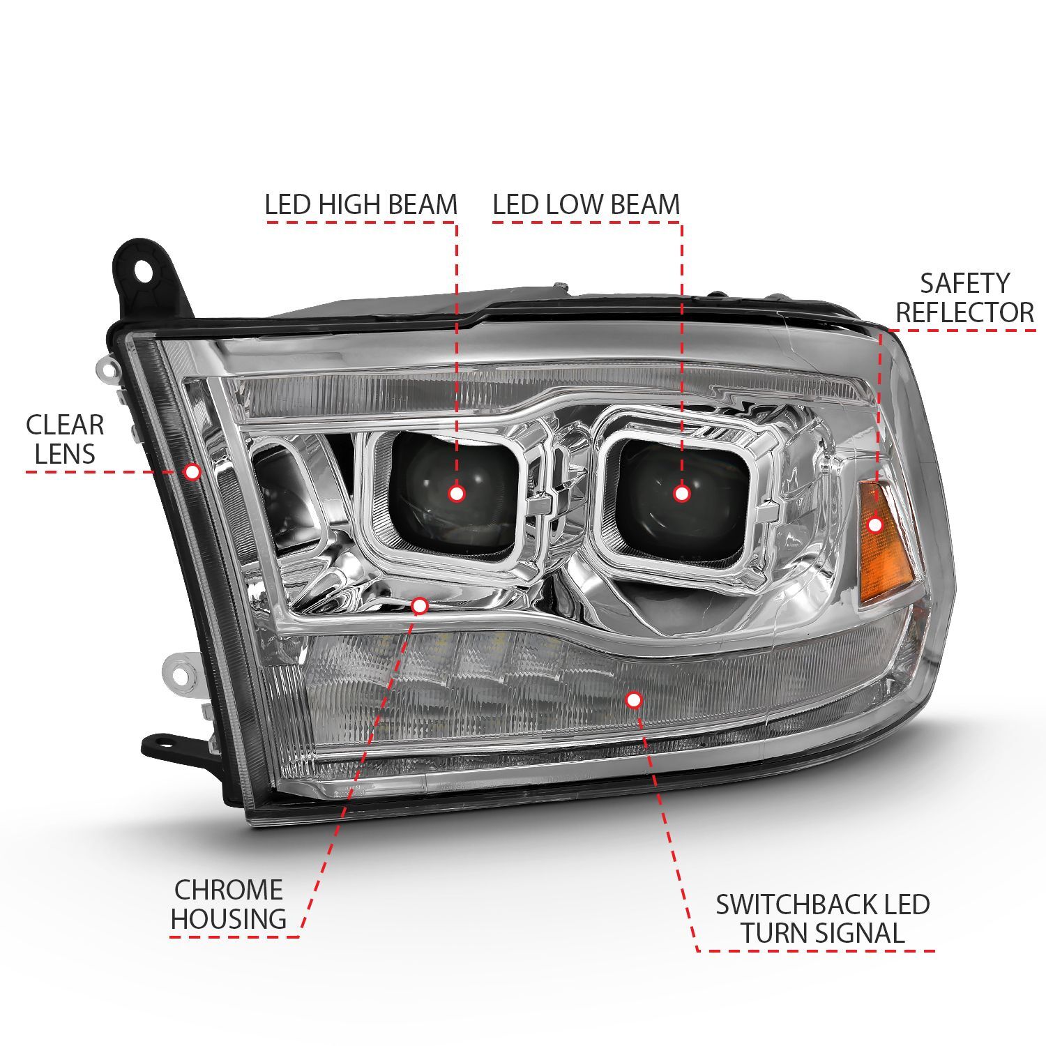 2010-2018 Dodge Ram 1500/2500/3500 Anzo LED Projector Plank Style Switchback Headight Chrome Amber