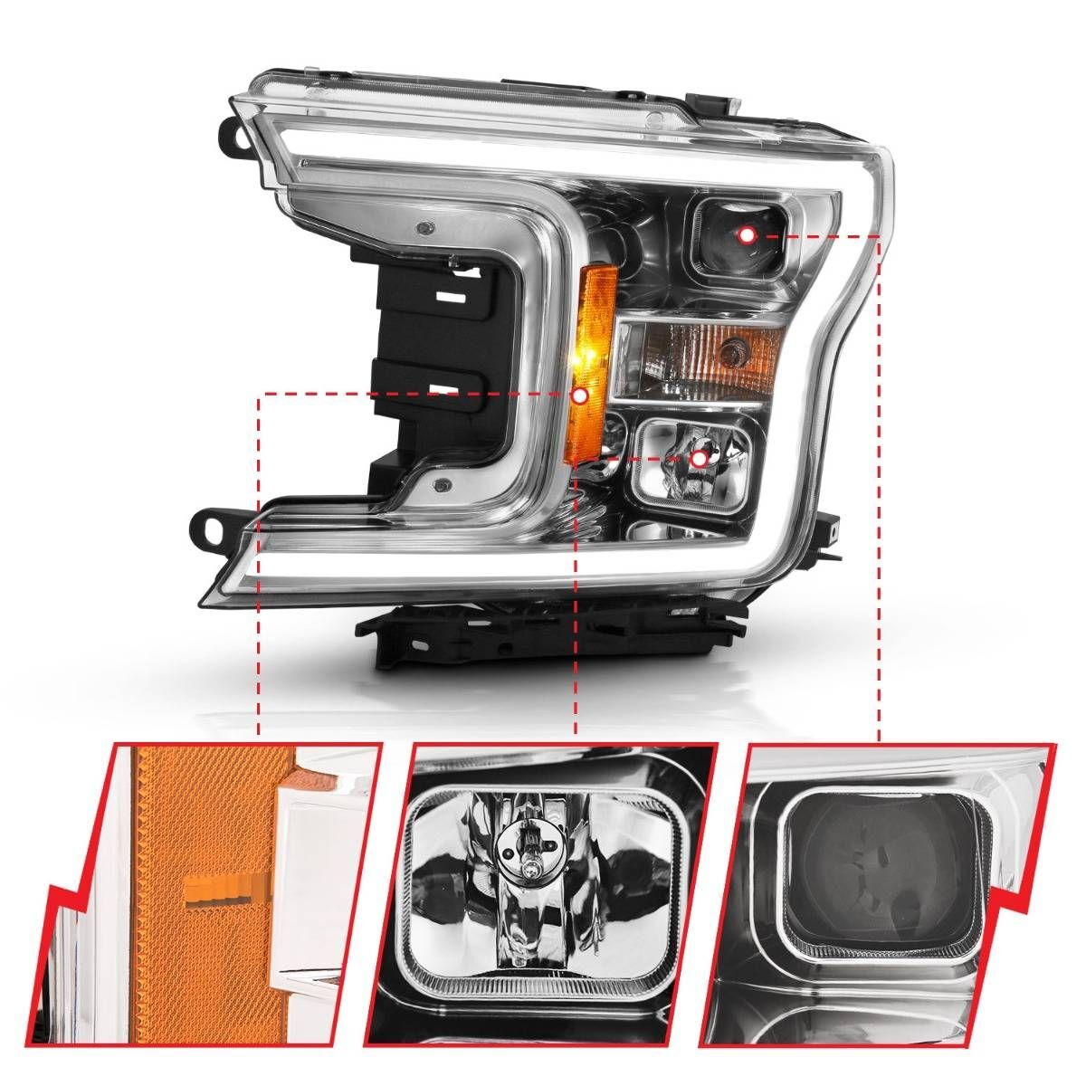 2018-2020 Ford F-150 Anzo Projector Plank Style H.L. Chrome Amber (Without Switchback)