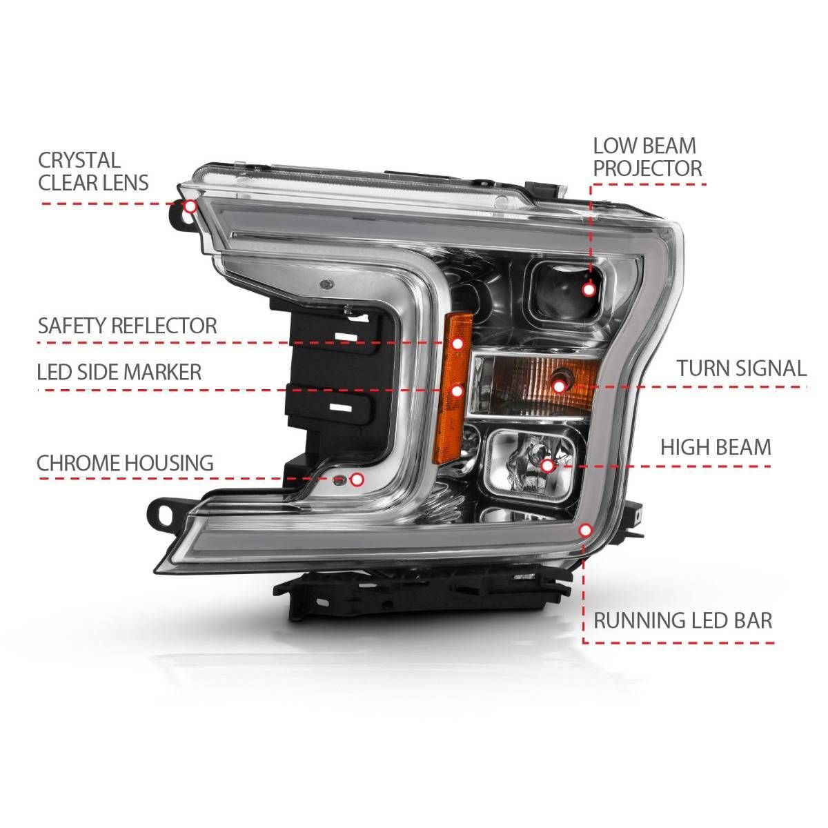 2018-2020 Ford F-150 Anzo Projector Plank Style H.L. Chrome Amber (Without Switchback)