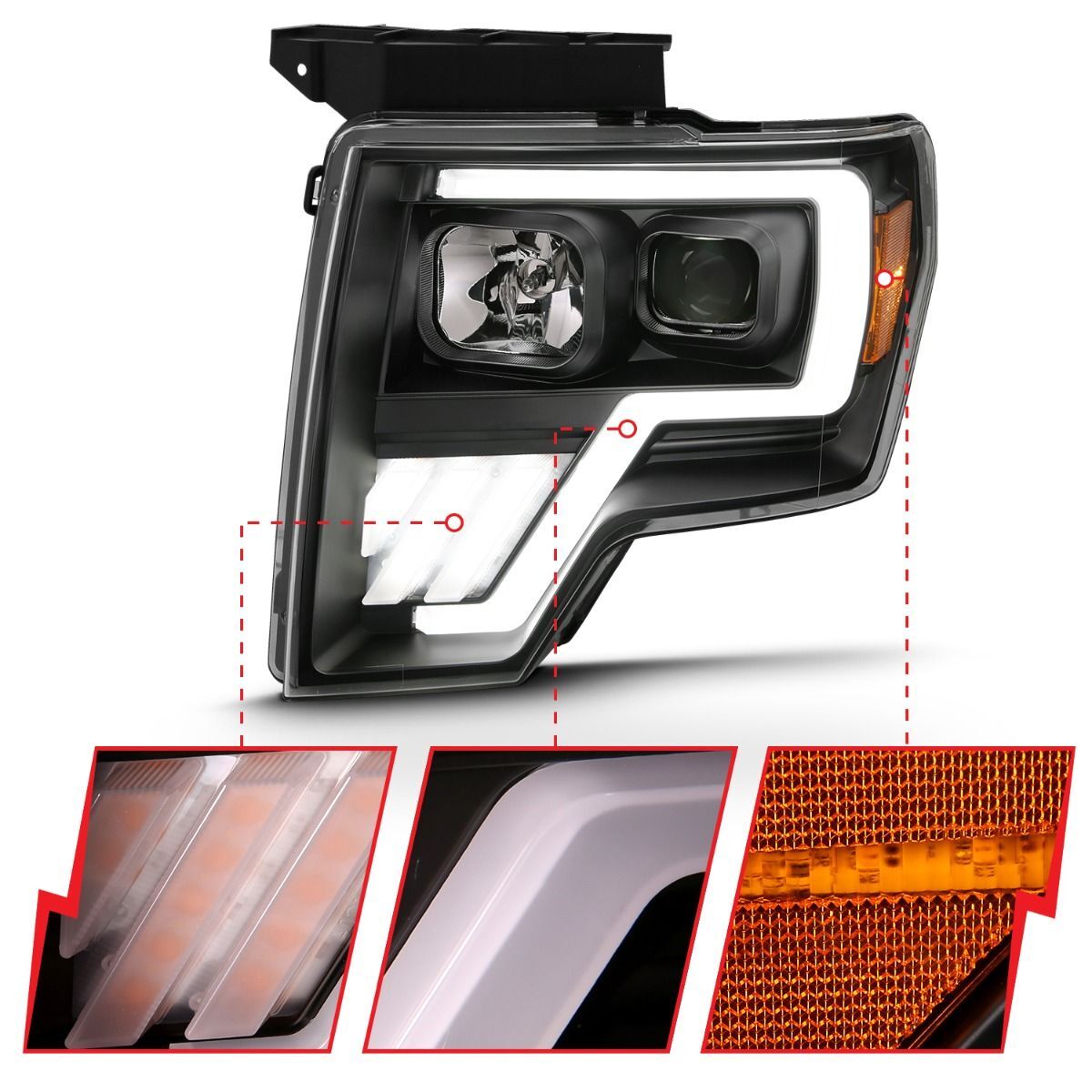 2009-2014 Ford F-150 Anzo Projector Headlight W/ Light Bar G4 Switchback Black Amber