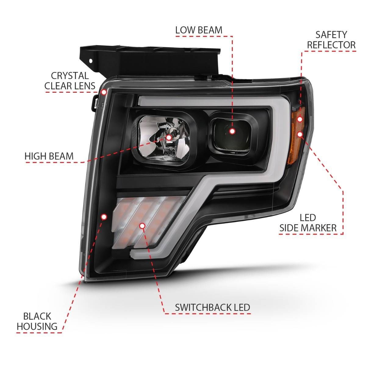 2009-2014 Ford F-150 Anzo Projector Headlight W/ Light Bar G4 Switchback Black Amber
