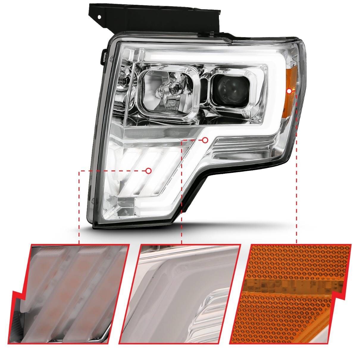 2009-2014 Ford F-150 Anzo Projector Headlight W/ Light Bar G4 Switchback Chrome Amber
