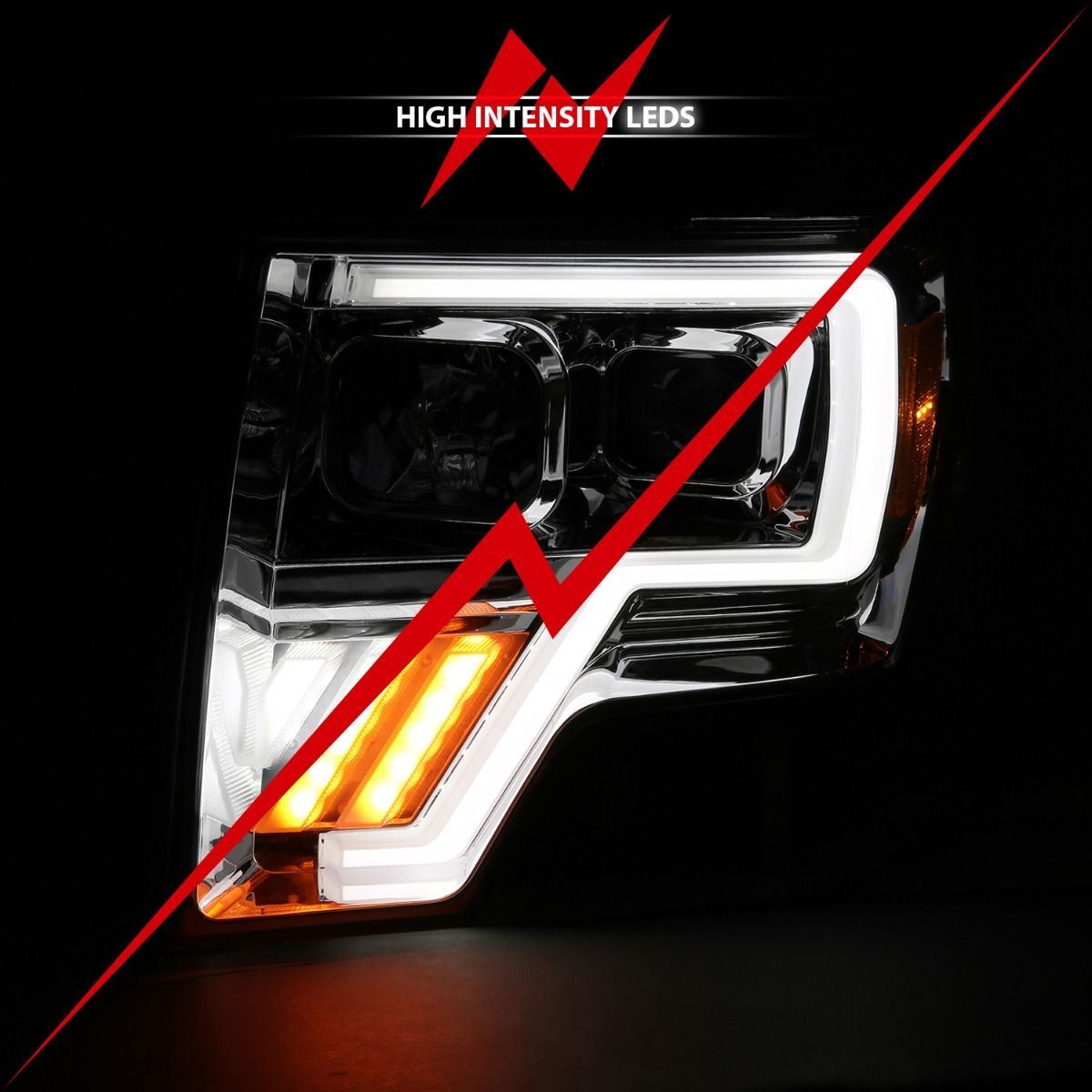 2009-2014 Ford F-150 Anzo Projector Headlight W/ Light Bar G4 Switchback Chrome Amber