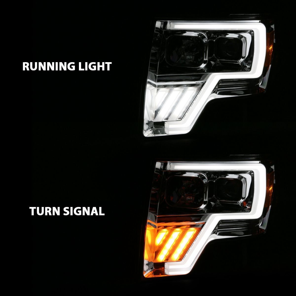 2009-2014 Ford F-150 Anzo Projector Headlight W/ Light Bar G4 Switchback Chrome Amber