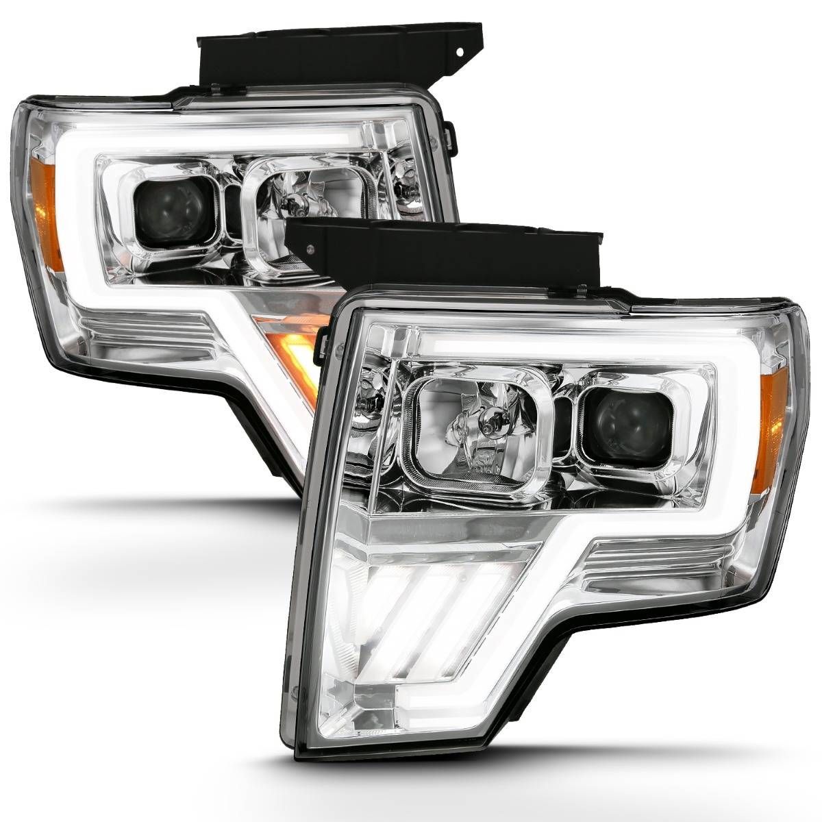 2009-2014 Ford F-150 Anzo Projector Headlight W/ Light Bar G4 Switchback Chrome Amber - 111470