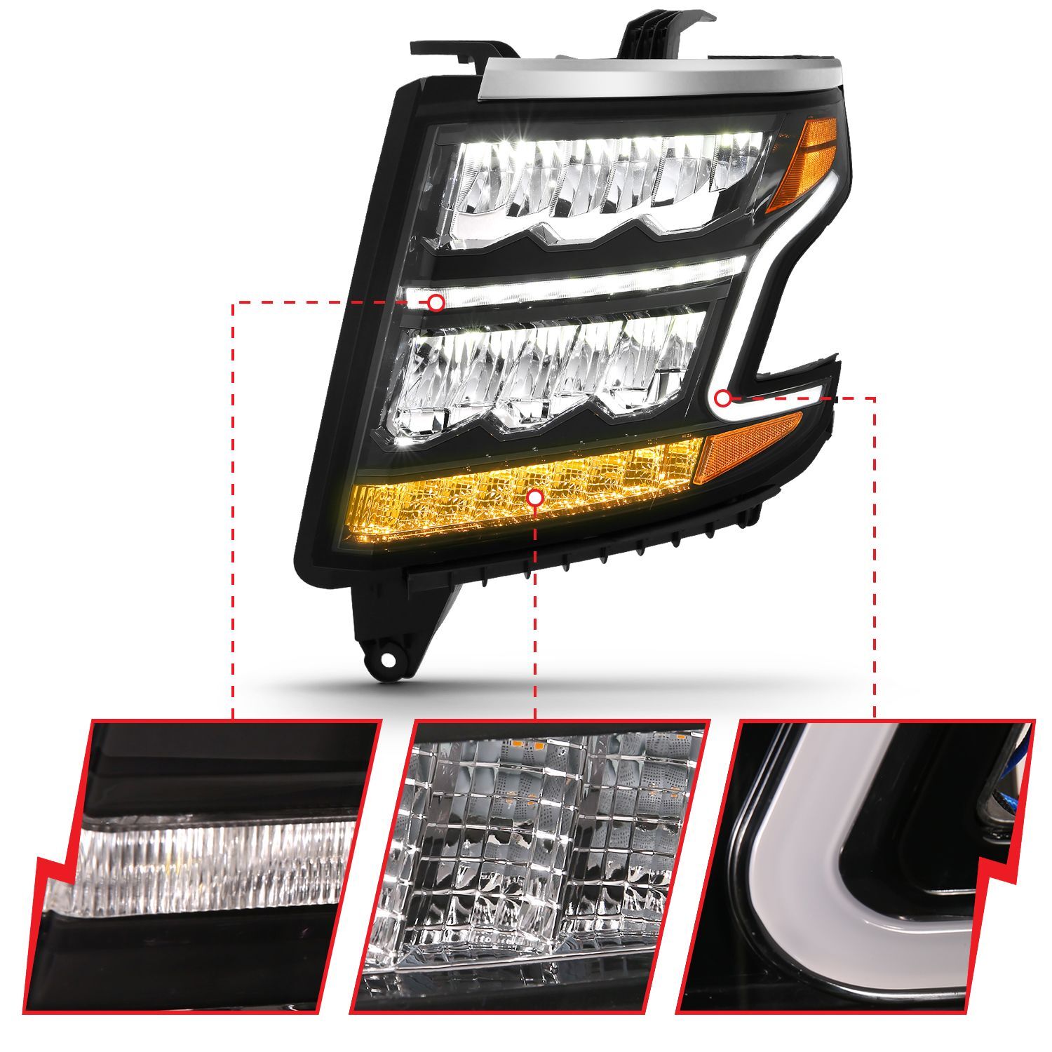 2015-2020 Chevrolet Suburban/Tahoe Anzo LED Headlight Plank Style Black Clear W/Sequential Amber