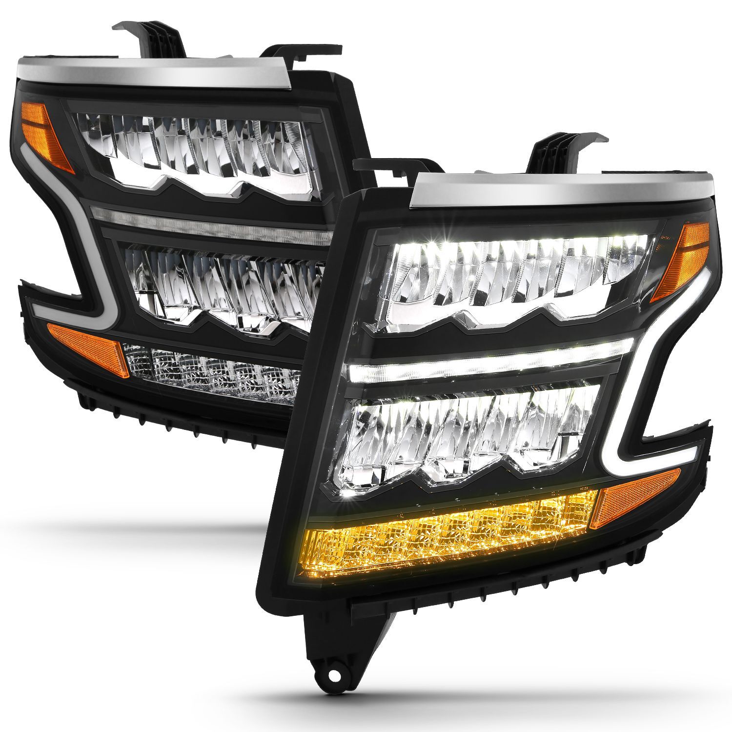 2015-2020 Chevrolet Suburban/Tahoe Anzo LED Headlight Plank Style Black Clear W/Sequential Amber - 111478