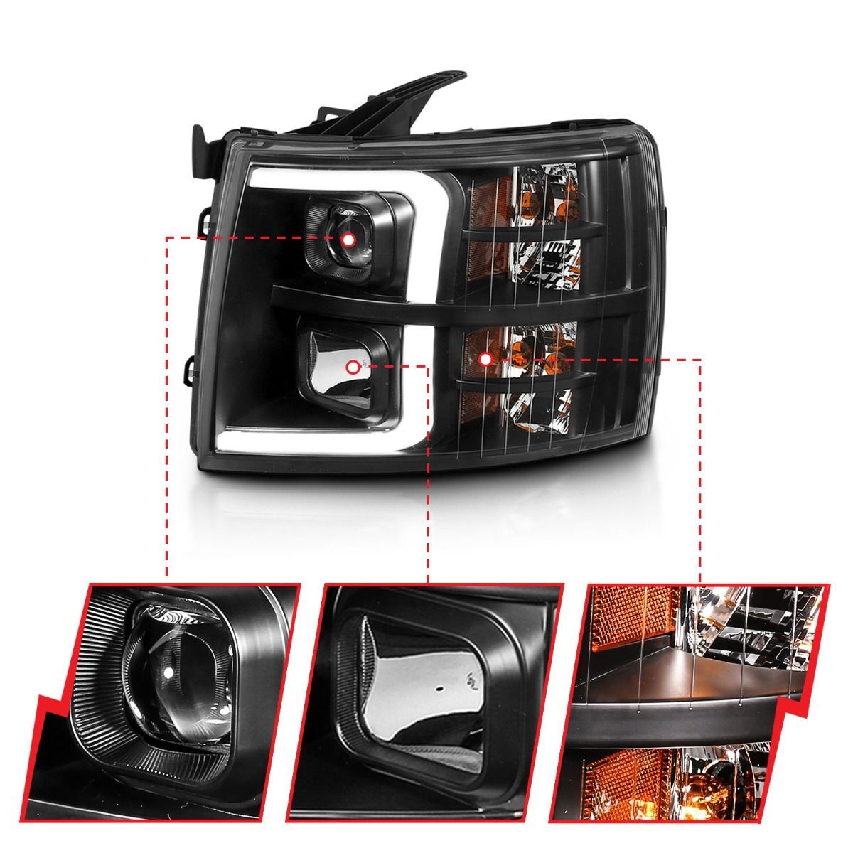 2007-2013 Chevrolet Silverado 1500/2500/3500 Anzo Projector Plank Style Black Amber