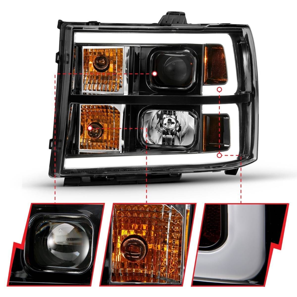 2007-2014 GMC Sierra 1500/2500 HD/3500 HD Anzo Projector Headlight Plank Style Black W/ Clear Lens Amber