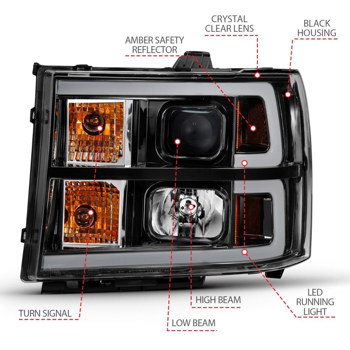 2007-2014 GMC Sierra 1500/2500 HD/3500 HD Anzo Projector Headlight Plank Style Black W/ Clear Lens Amber