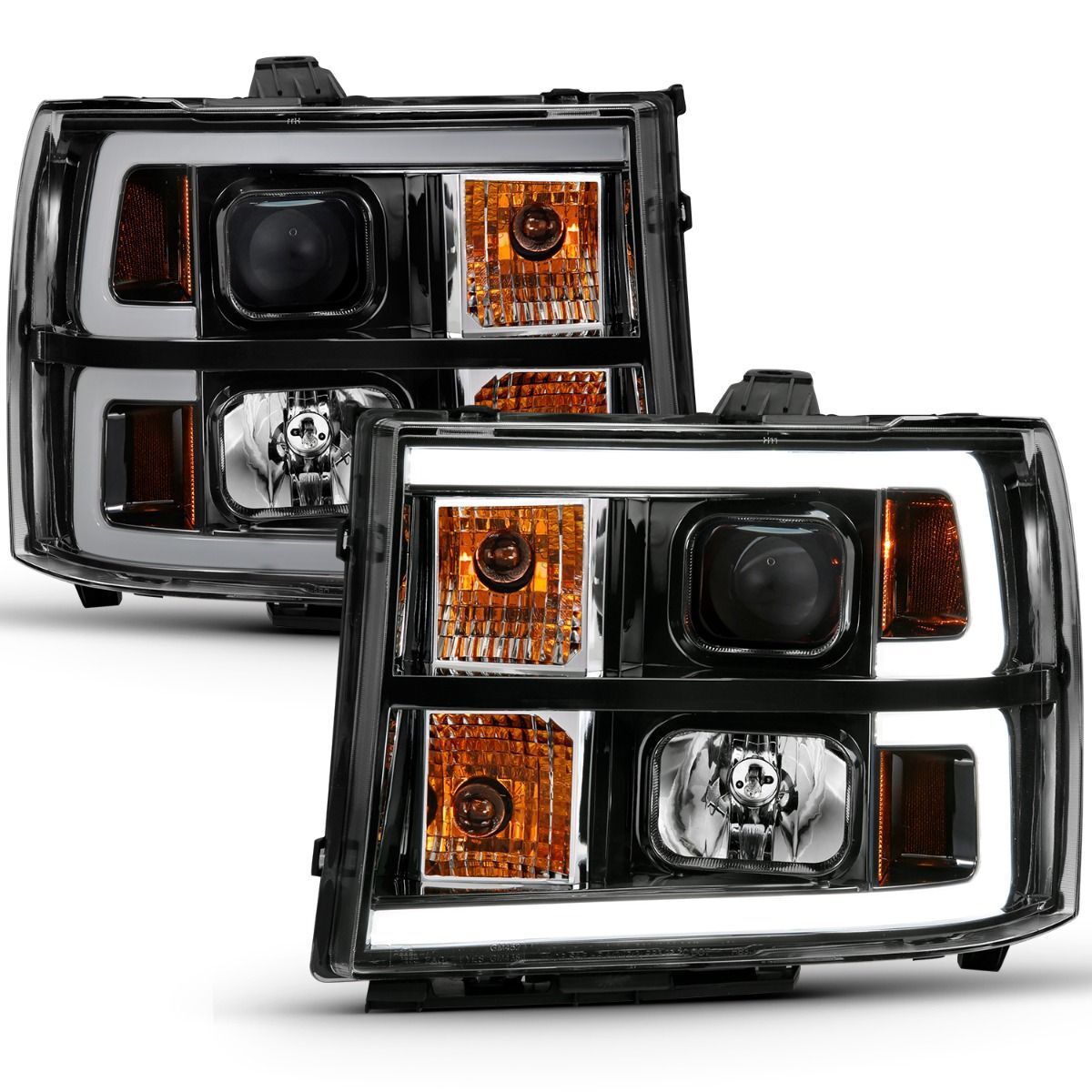 2007-2014 GMC Sierra 1500/2500 HD/3500 HD Anzo Projector Headlight Plank Style Black W/ Clear Lens Amber - 111482
