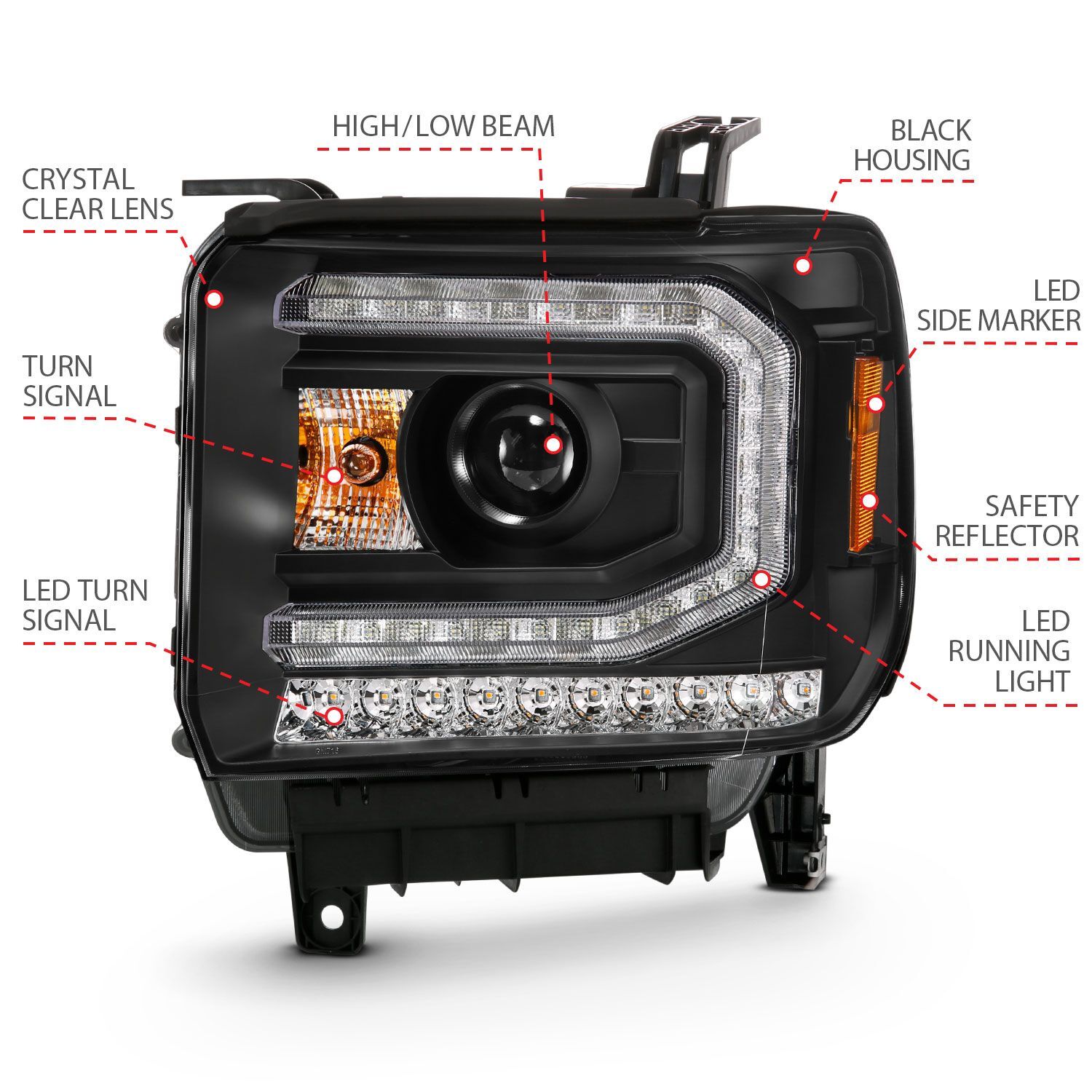 2016-2019 GMC Sierra 1500 Anzo Projector Headlight Plank Style Black W/ Sequential Amber Signal (Hid Compatible)