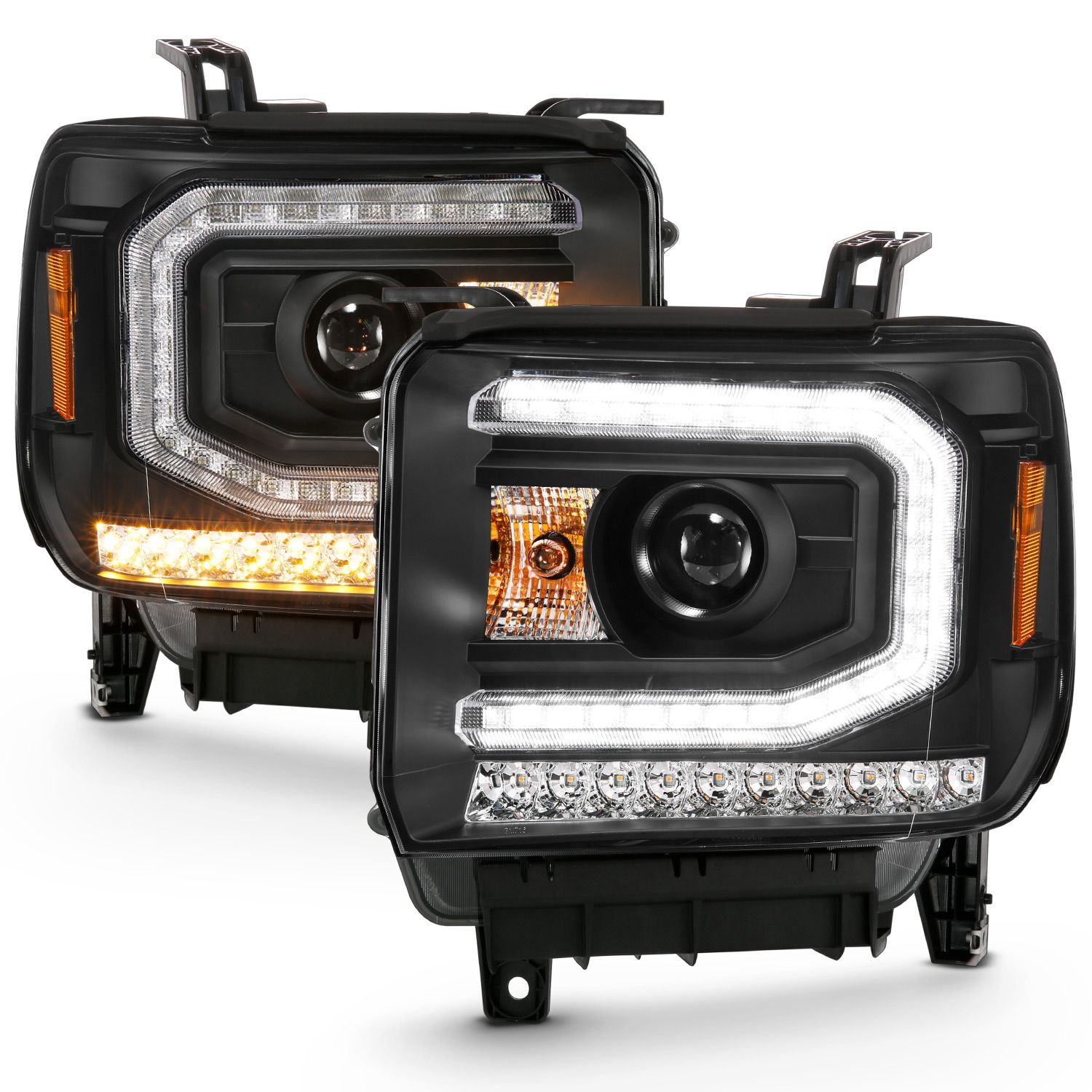 2016-2019 GMC Sierra 1500 Anzo Projector Headlight Plank Style Black W/ Sequential Amber Signal (Hid Compatible) - 111485