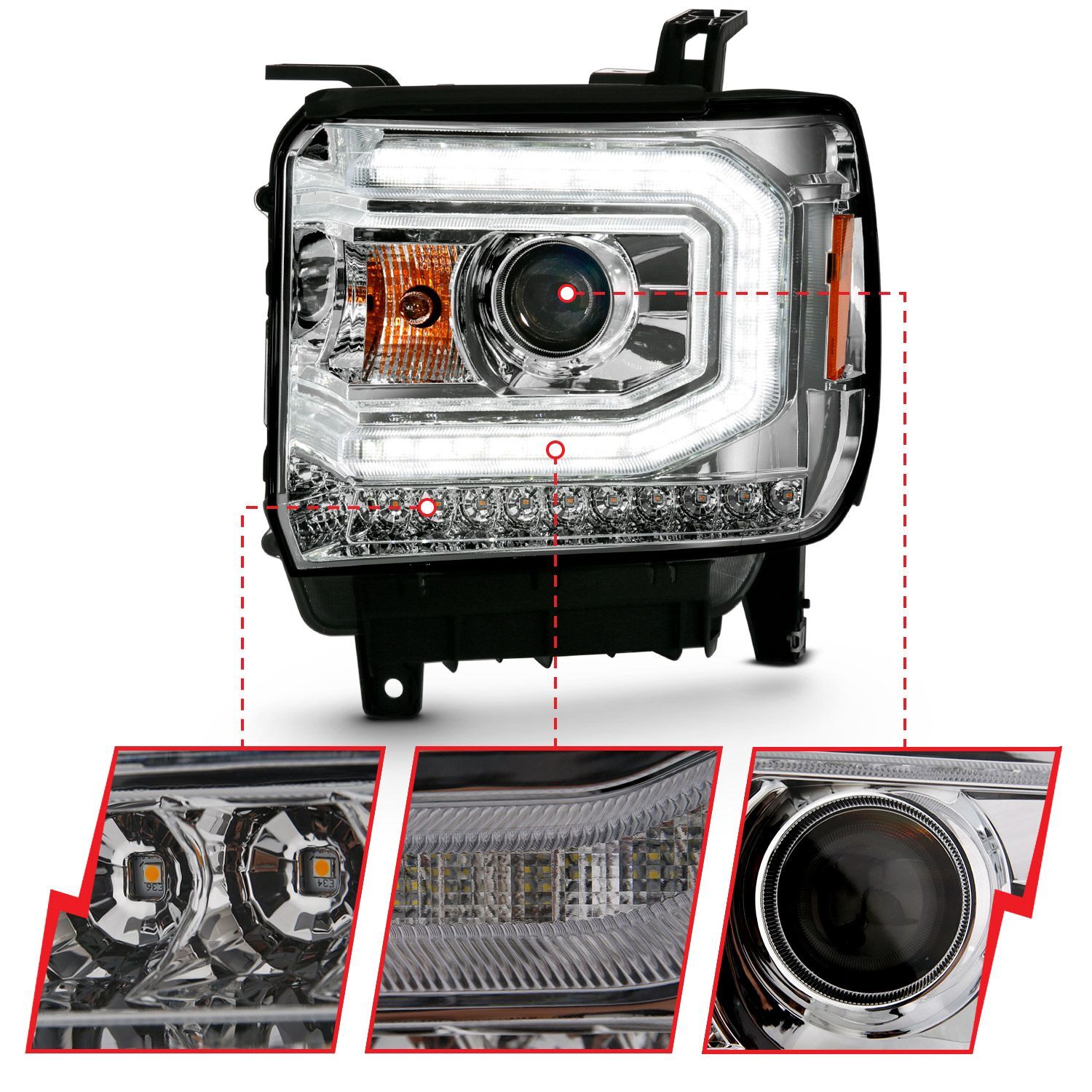 2016-2019 GMC Sierra 1500 Anzo Projector Headlight Plank Style Chrome W/ Sequential Amber Signal (Hid Compatible)