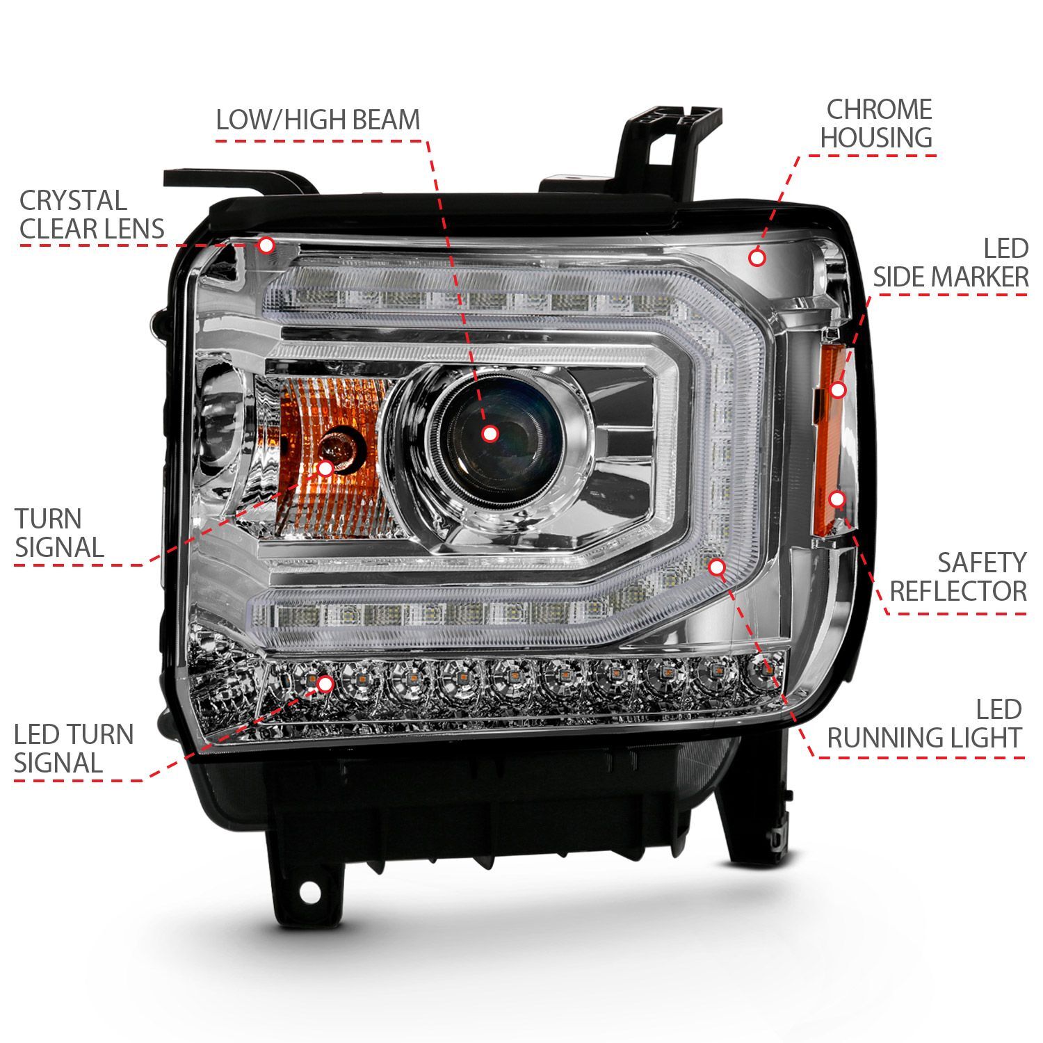 2016-2019 GMC Sierra 1500 Anzo Projector Headlight Plank Style Chrome W/ Sequential Amber Signal (Hid Compatible)