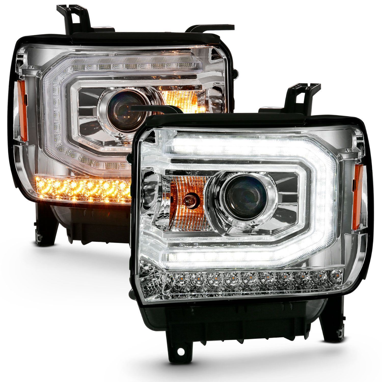 2016-2019 GMC Sierra 1500 Anzo Projector Headlight Plank Style Chrome W/ Sequential Amber Signal (Hid Compatible) - 111486