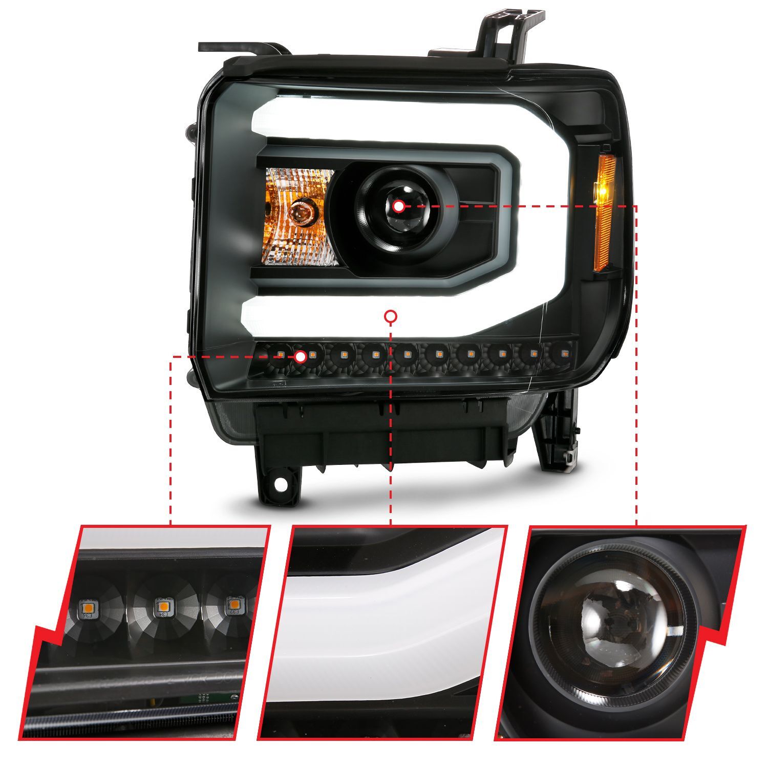 2015-2016 GMC Sierra 1500/2500 HD/3500 HD Anzo Projector Headlight Plank Style Black W/ Switchback (Halogen Type)