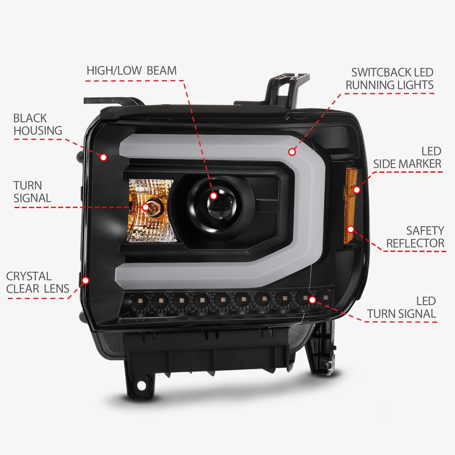 2015-2016 GMC Sierra 1500/2500 HD/3500 HD Anzo Projector Headlight Plank Style Black W/ Switchback (Halogen Type)