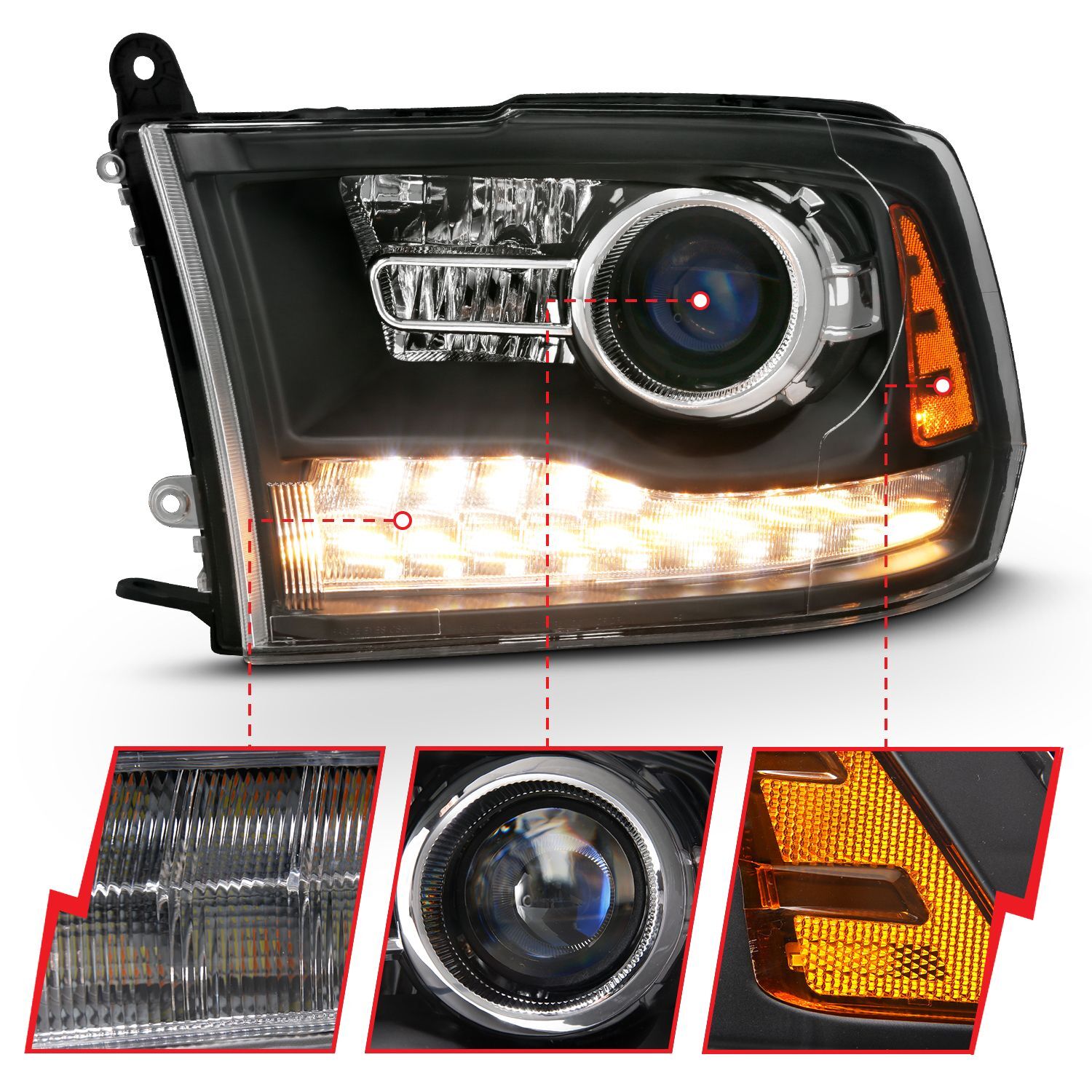 2009-2018 Dodge Ram 1500/2500/3500 Anzo Projector Headlihgts Plank Style Halo W/Switchback Matte Black (Oe Style)