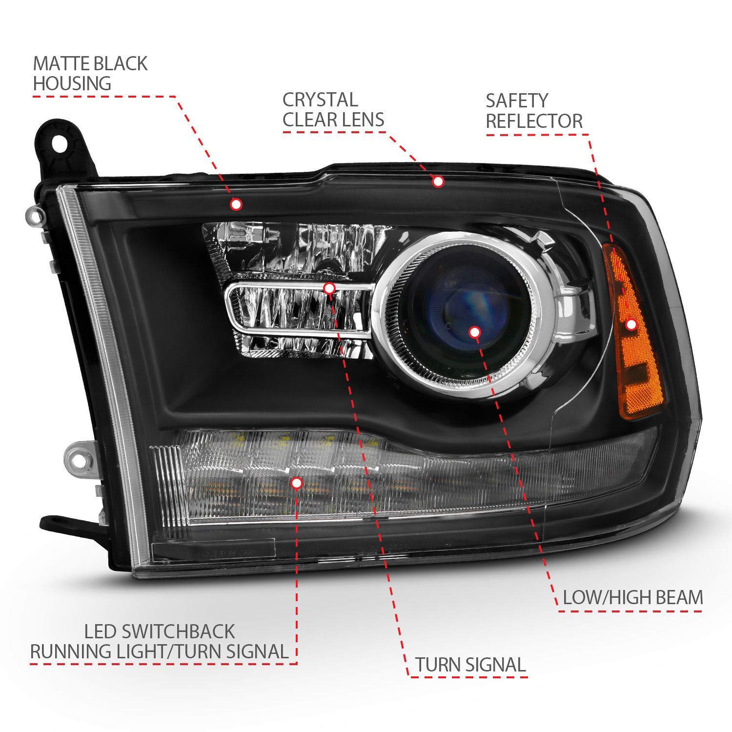 2009-2018 Dodge Ram 1500/2500/3500 Anzo Projector Headlihgts Plank Style Halo W/Switchback Matte Black (Oe Style)