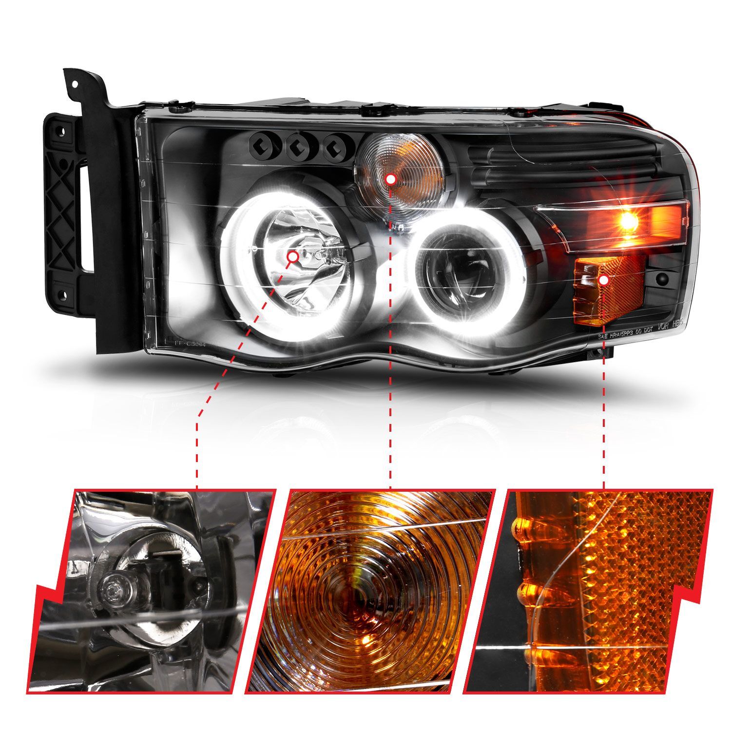 2002-2005 Dodge Ram 1500/2500/3500 Anzo Projector Headlights W/ Halo Black Clear Amber