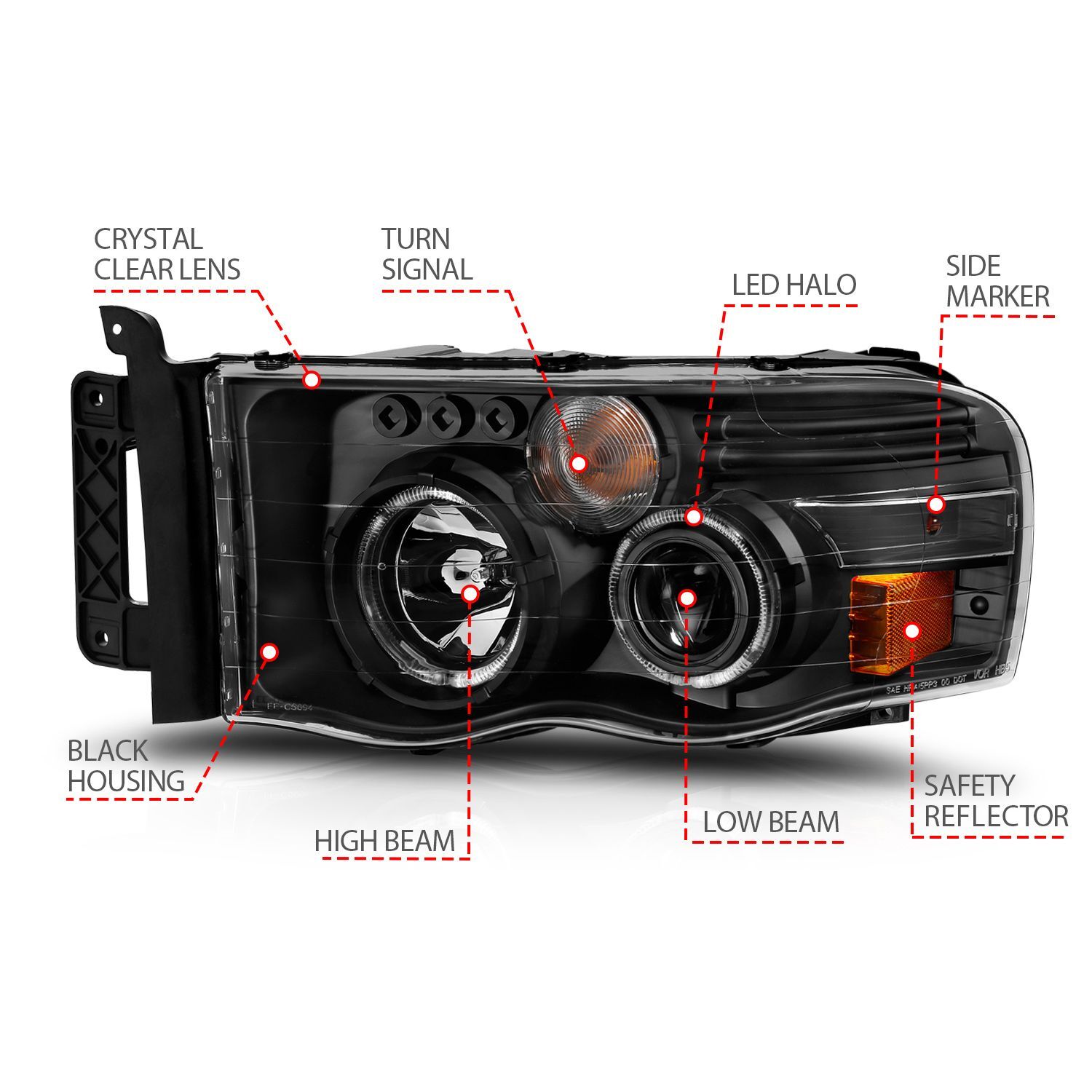 2002-2005 Dodge Ram 1500/2500/3500 Anzo Projector Headlights W/ Halo Black Clear Amber