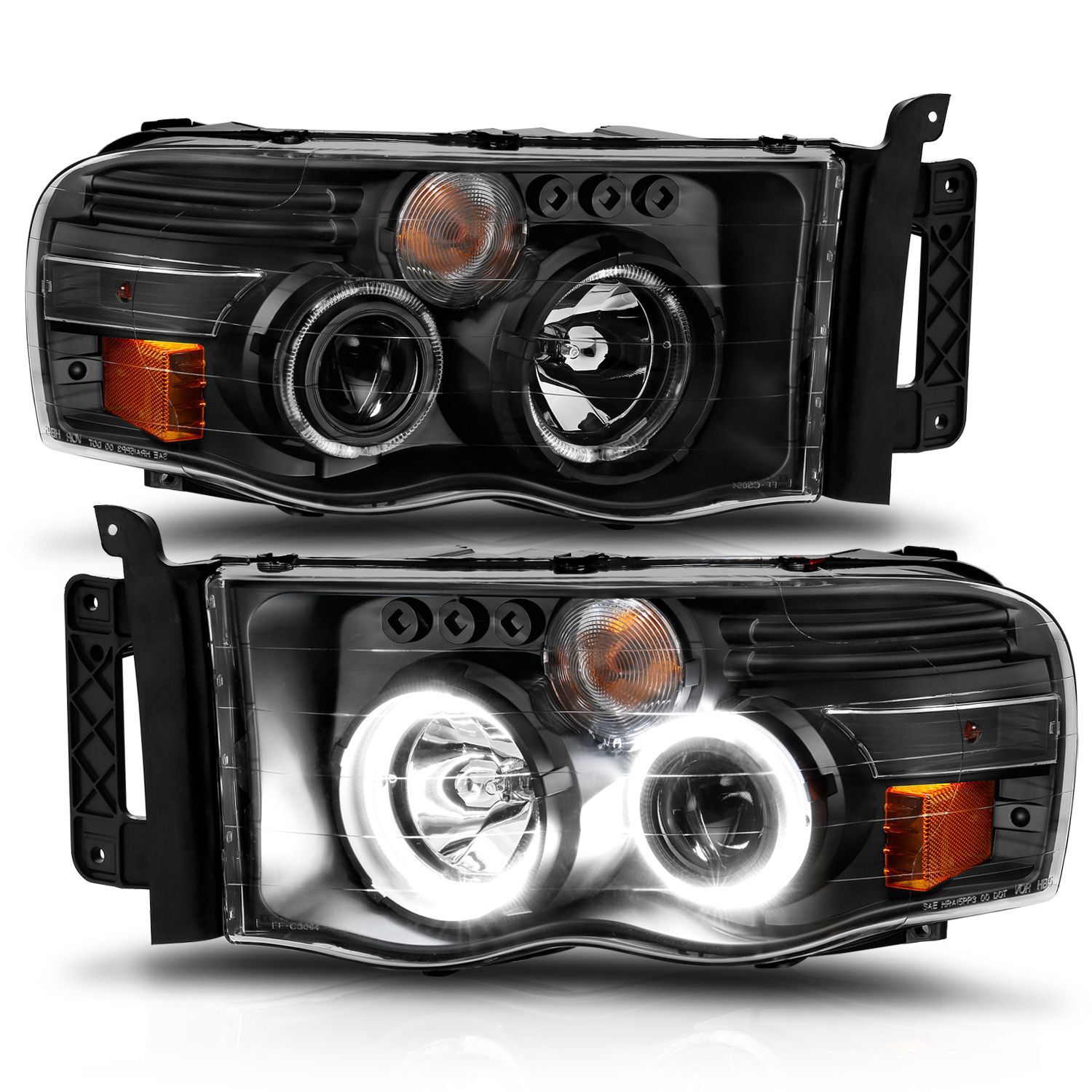 2002-2005 Dodge Ram 1500/2500/3500 Anzo Projector Headlights W/ Halo Black Clear Amber - 111490