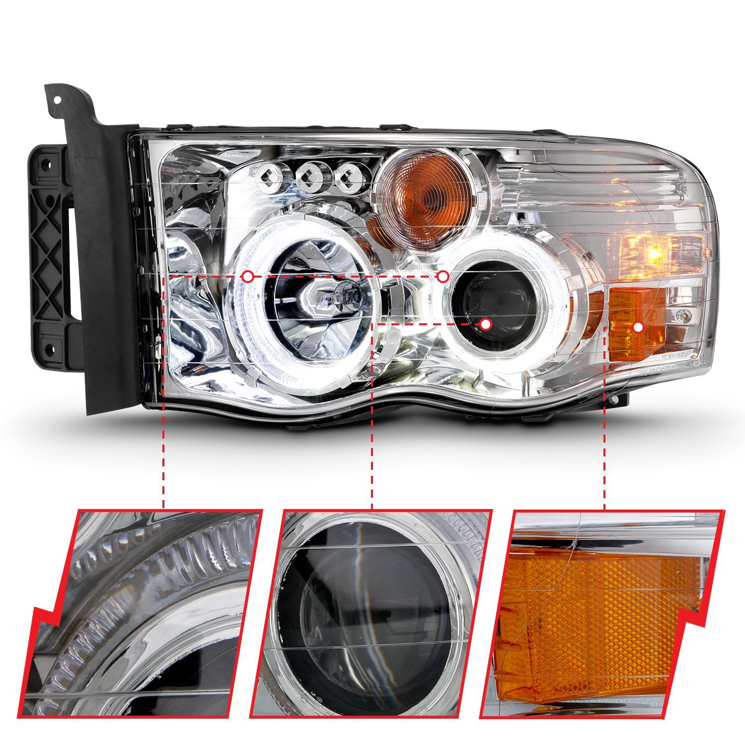 2002-2005 Dodge Ram 1500/2500/3500 Anzo Projector Headlights W/ Halo Chrome Clear Amber