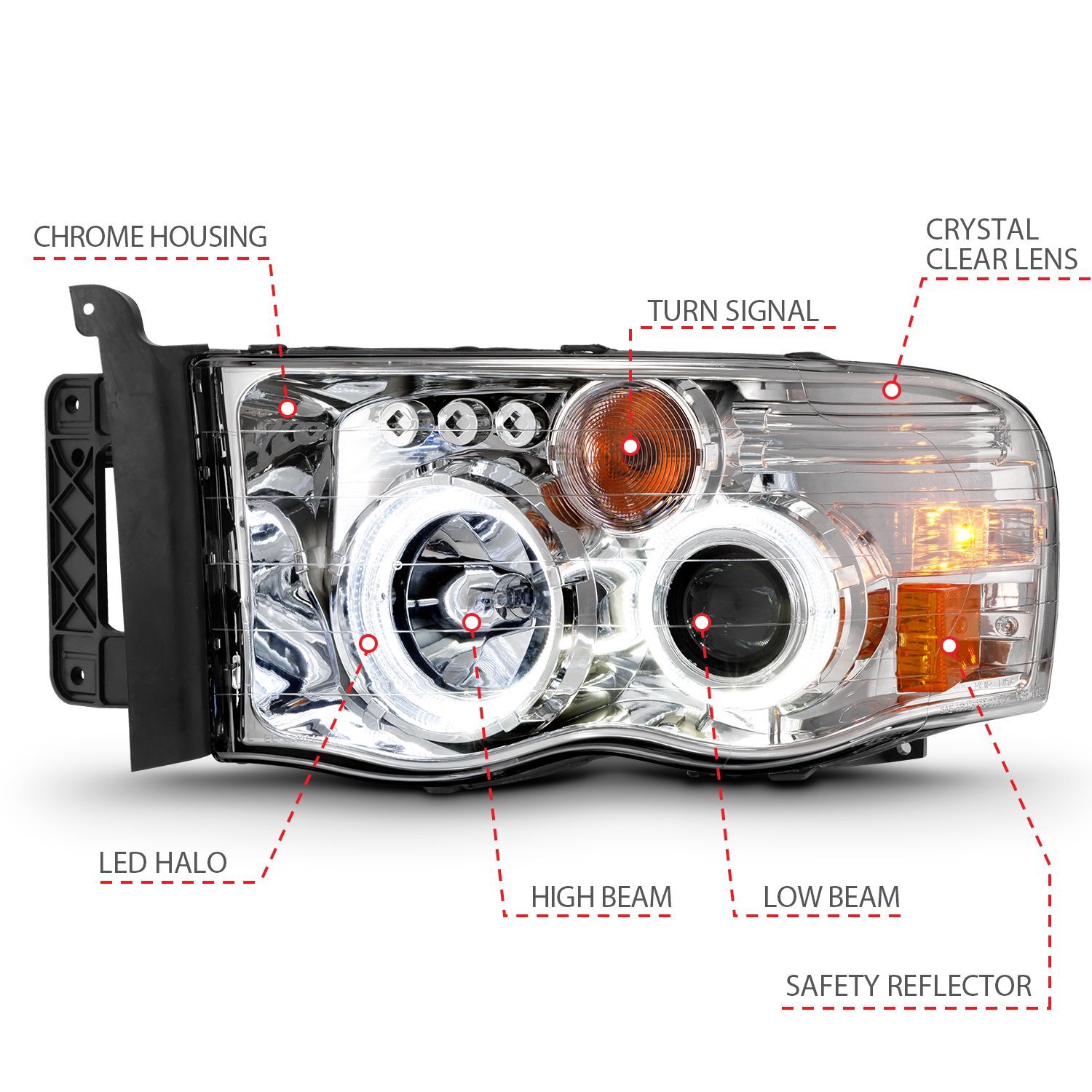 2002-2005 Dodge Ram 1500/2500/3500 Anzo Projector Headlights W/ Halo Chrome Clear Amber
