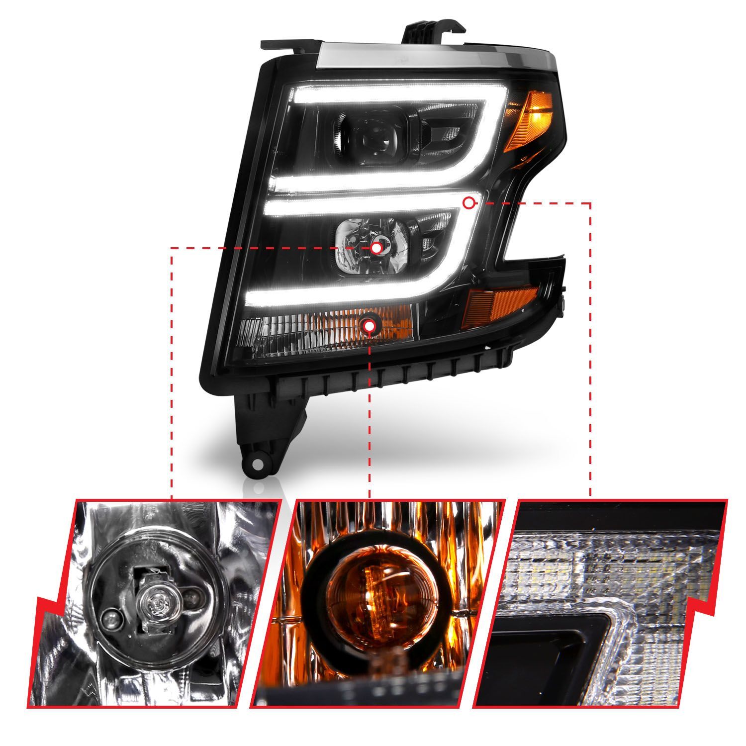 2015-2020 Chevrolet Suburban/Tahoe Anzo Projector Headlights Plank Style Black W/DRL