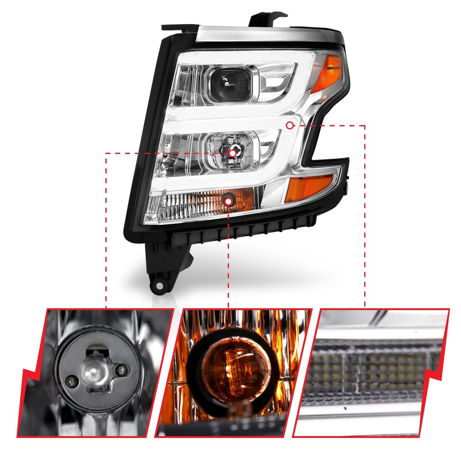 2015-2020 Chevrolet Suburban/Tahoe Anzo Projector Headlights Plank Style Chrome W/DRL