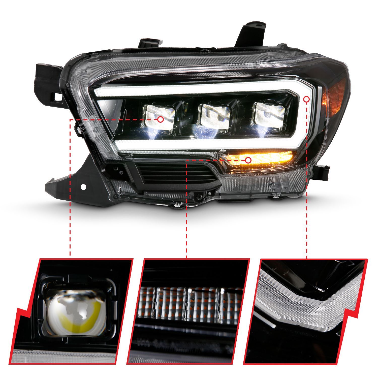 2016-2023 Toyota Tacoma SR/SR5 Anzo LED Projector Headlights Plank Style Black W/ Amber