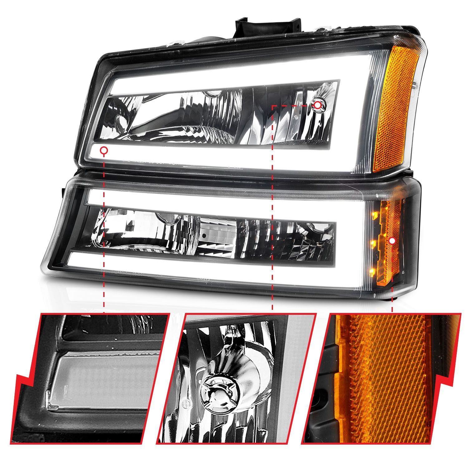 2003-2006 Chevrolet Avalanche/Silverado 1500/2500/3500 Anzo Crystal Headlights W/ Light Bar Black Housing