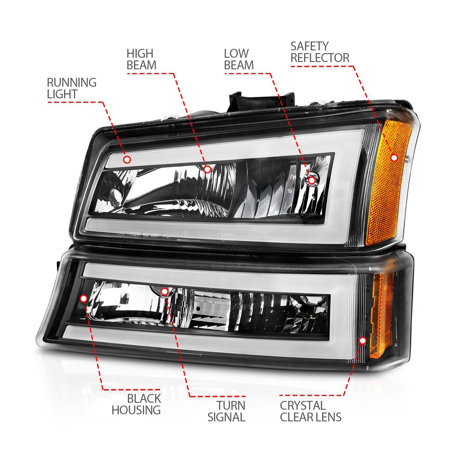 2003-2006 Chevrolet Avalanche/Silverado 1500/2500/3500 Anzo Crystal Headlights W/ Light Bar Black Housing