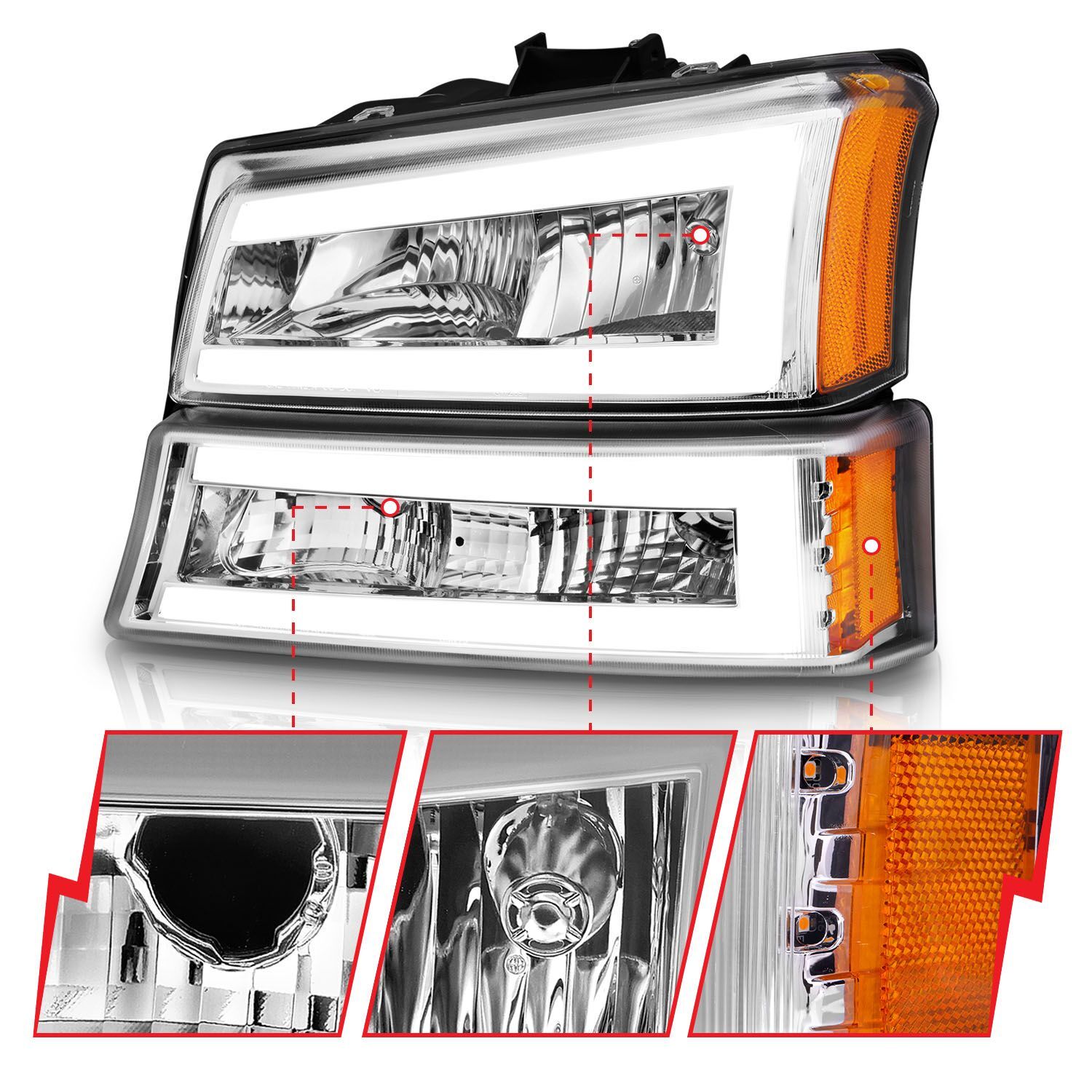 2003-2006 Chevrolet Avalanche/Silverado 1500/2500/3500 Anzo Crystal Headlights W/ Light Bar Chrome Housing
