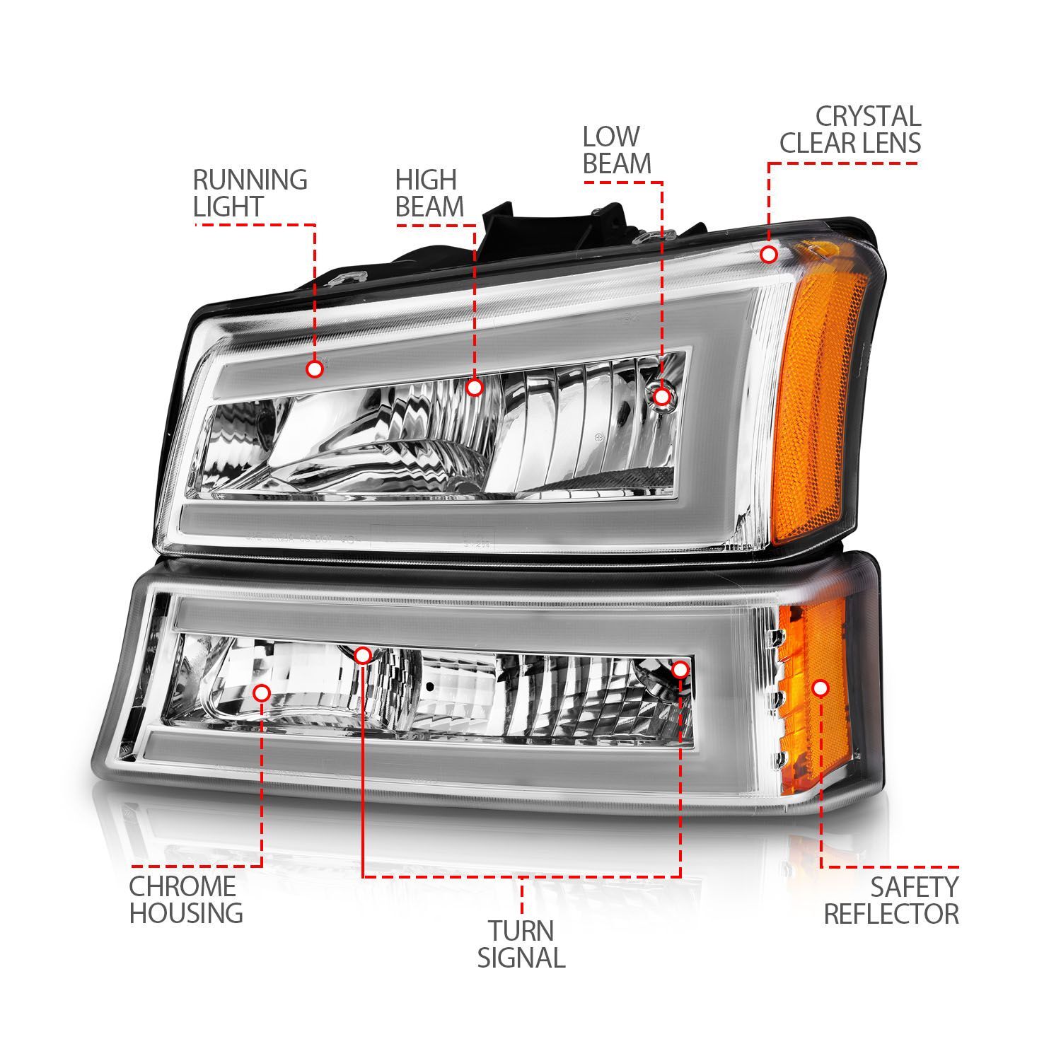 2003-2006 Chevrolet Avalanche/Silverado 1500/2500/3500 Anzo Crystal Headlights W/ Light Bar Chrome Housing