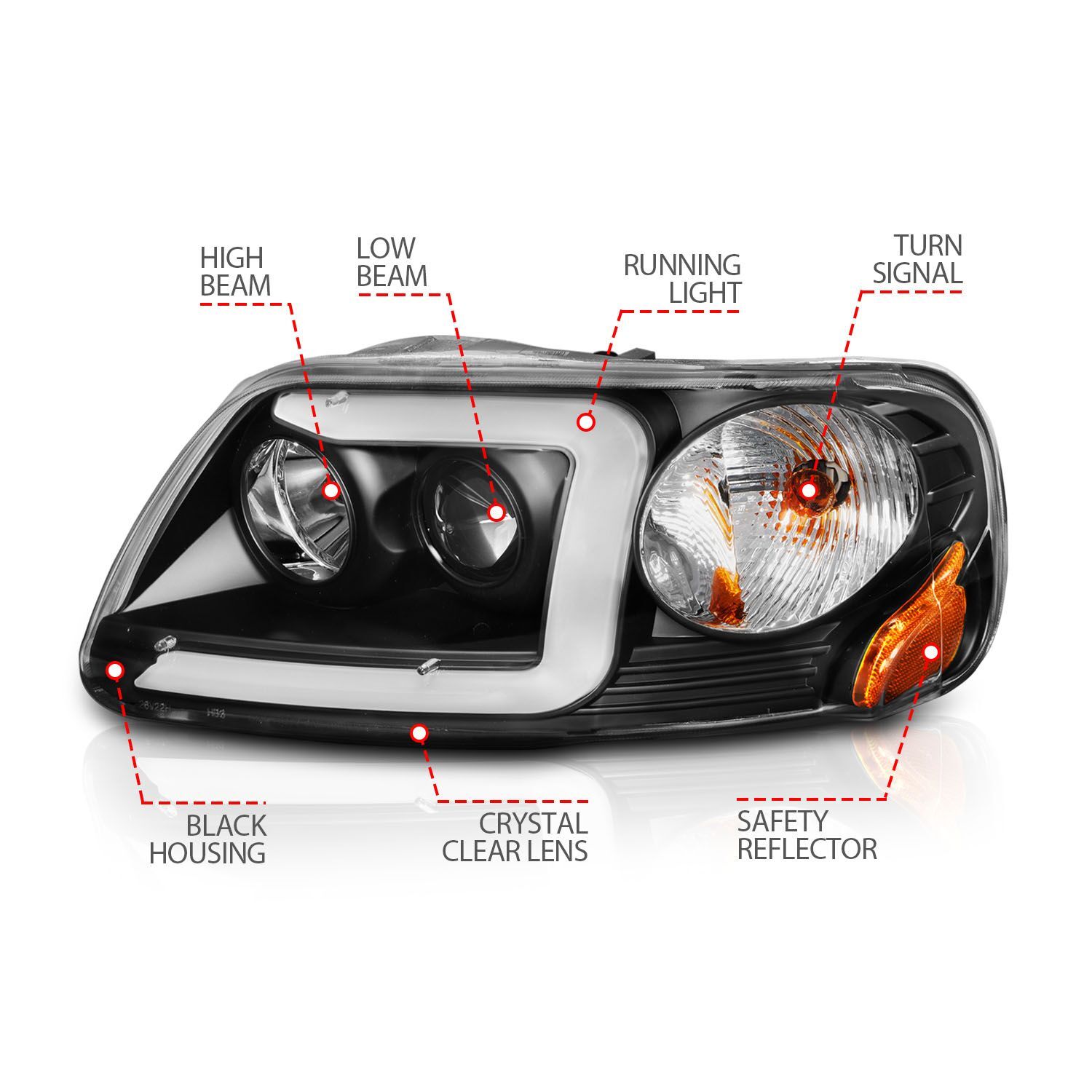 1997-2003 Ford Expedition/F-150/F-250 Super Duty Anzo Projector Headlights W/ Light Bar Black Housing