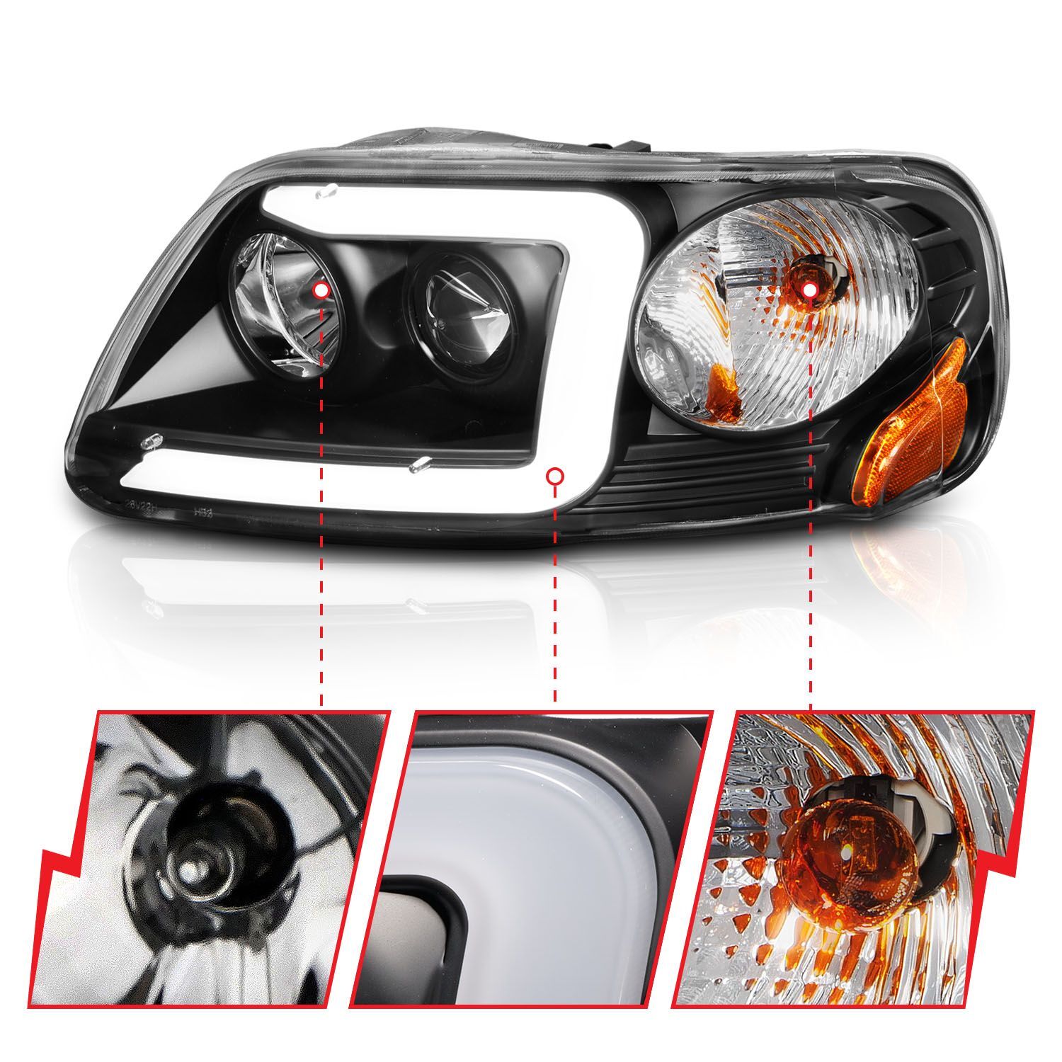 1997-2003 Ford Expedition/F-150/F-250 Super Duty Anzo Projector Headlights W/ Light Bar Black Housing