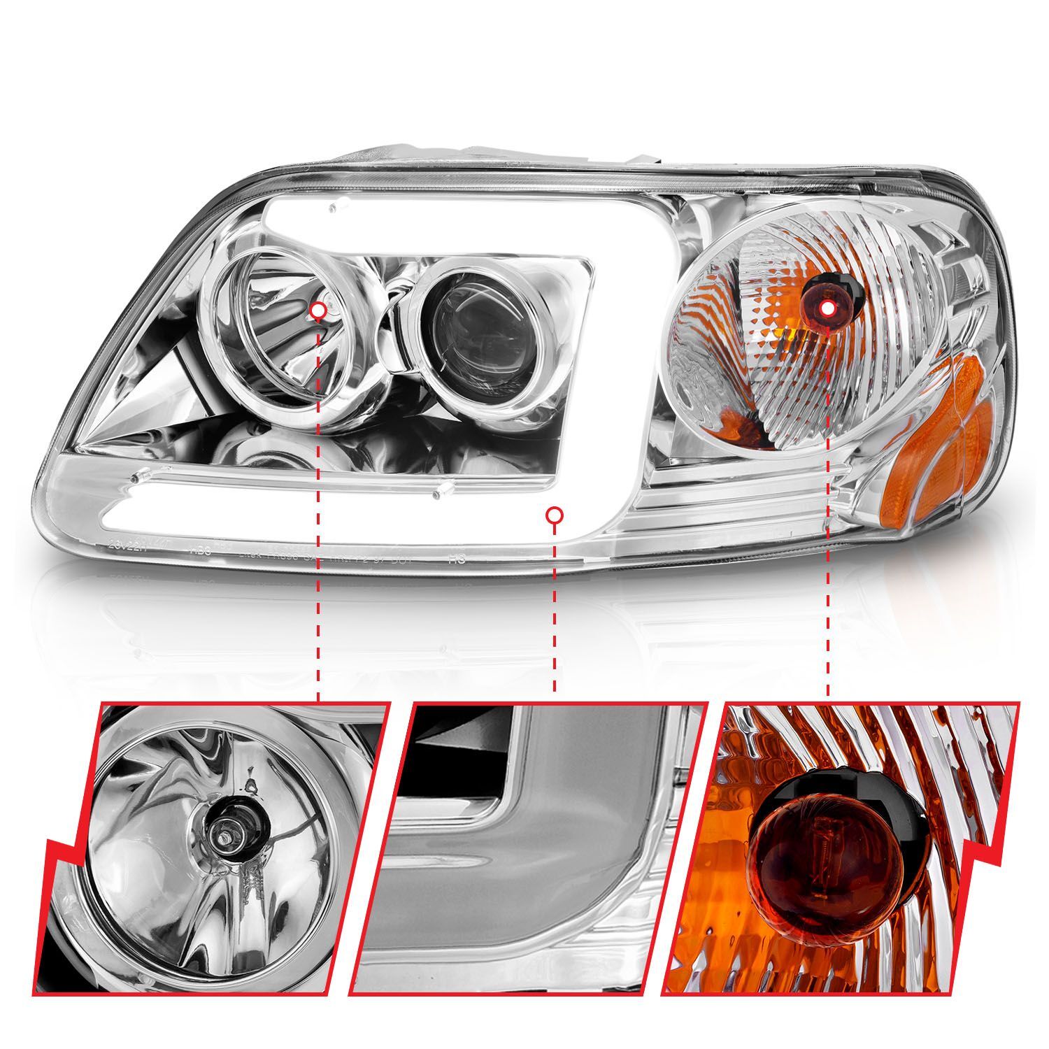 1997-2003 Ford Expedition/F-150/F-250 Super Duty Anzo Projector Headlights W/ Light Bar Chrome Housing