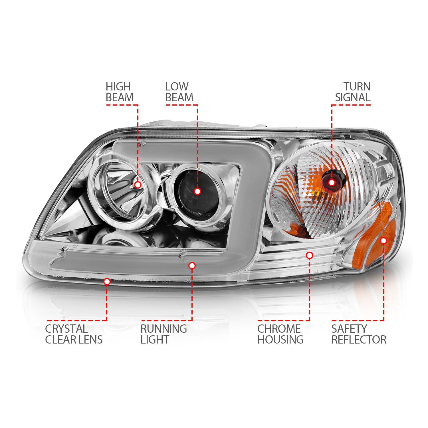 1997-2003 Ford Expedition/F-150/F-250 Super Duty Anzo Projector Headlights W/ Light Bar Chrome Housing
