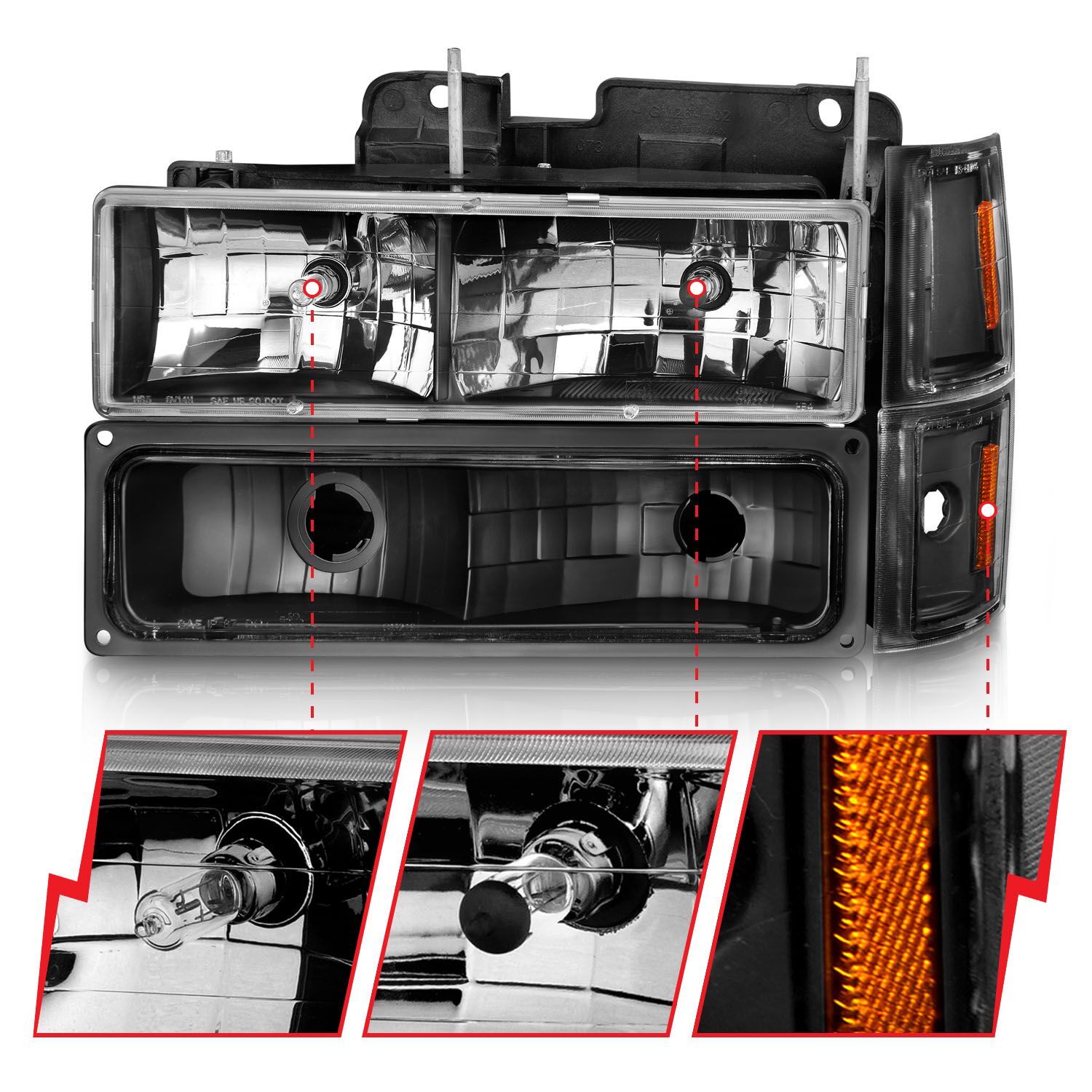 1994-2000 Chevrolet Blazer Full Size/C1500/C2500/C3500/Suburban/Tahoe Anzo Crystal Headlights Black Housing W/ Signal & Side Markers 8PC