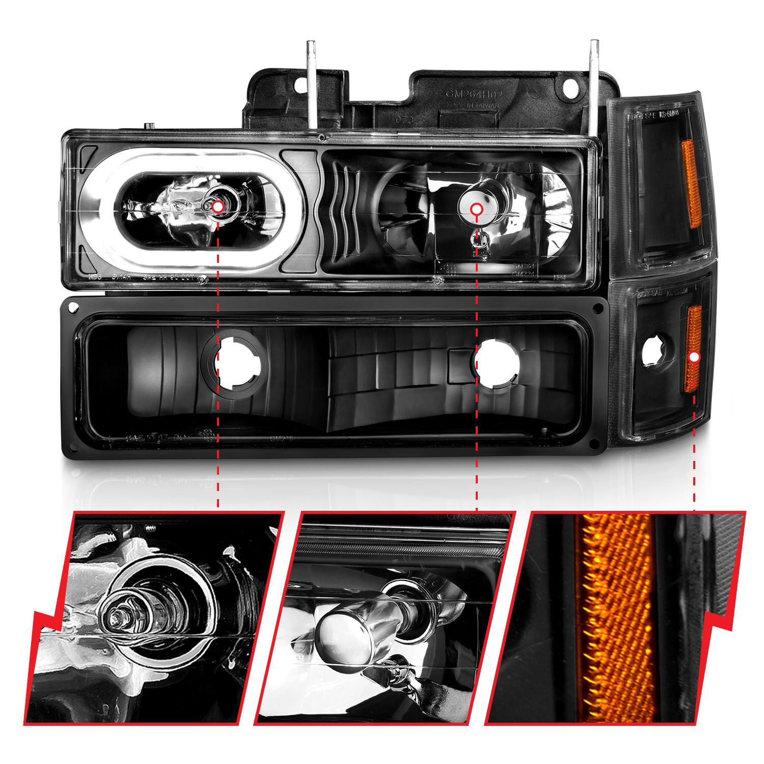 1994-2000 Chevrolet Blazer Full Size/C1500/C2500/C3500/Suburban/Tahoe Anzo Crystal Headlights Black Housing W/ Signal & Side Markers 8PC