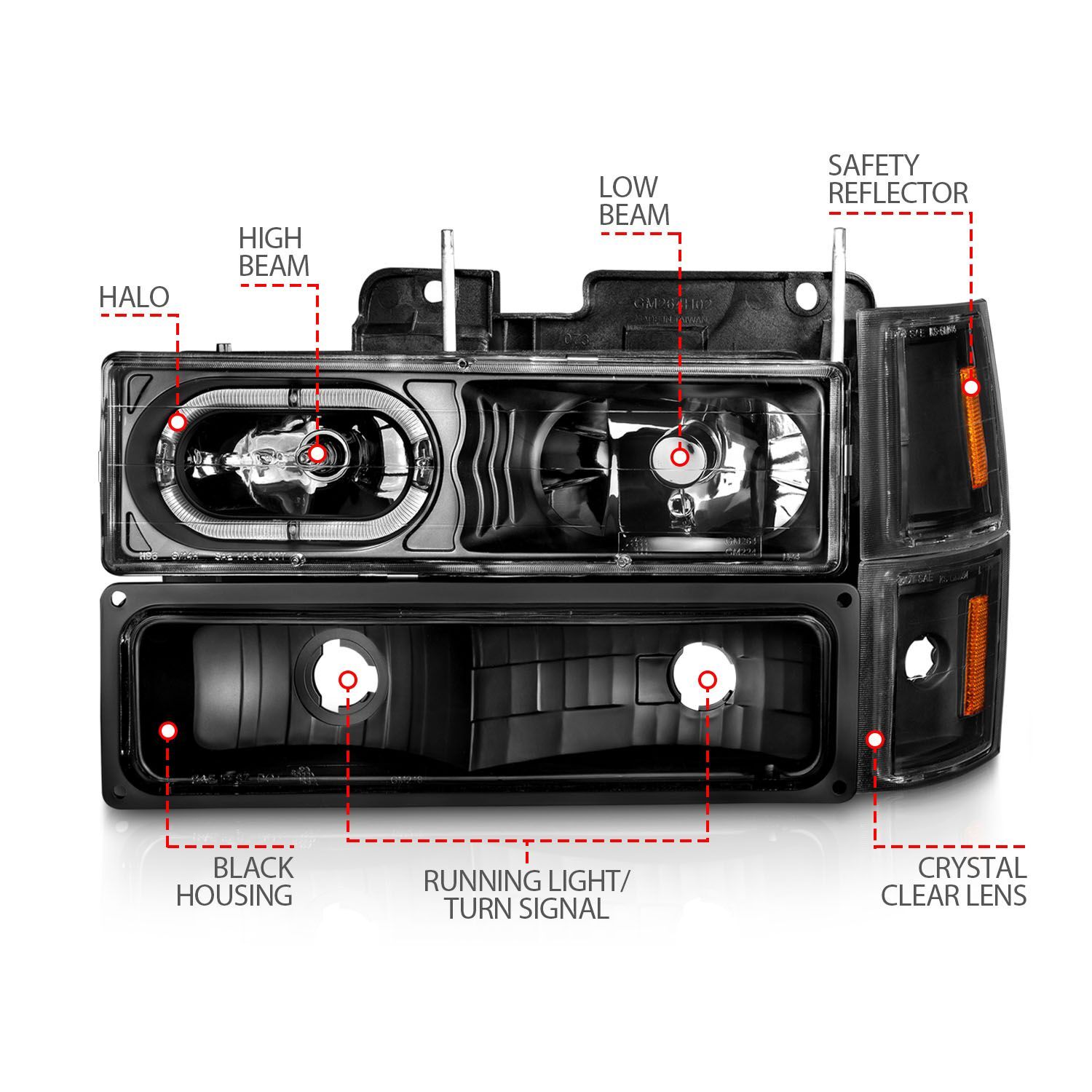 1994-2000 Chevrolet Blazer Full Size/C1500/C2500/C3500/Suburban/Tahoe Anzo Crystal Headlights Black Housing W/ Signal & Side Markers 8PC