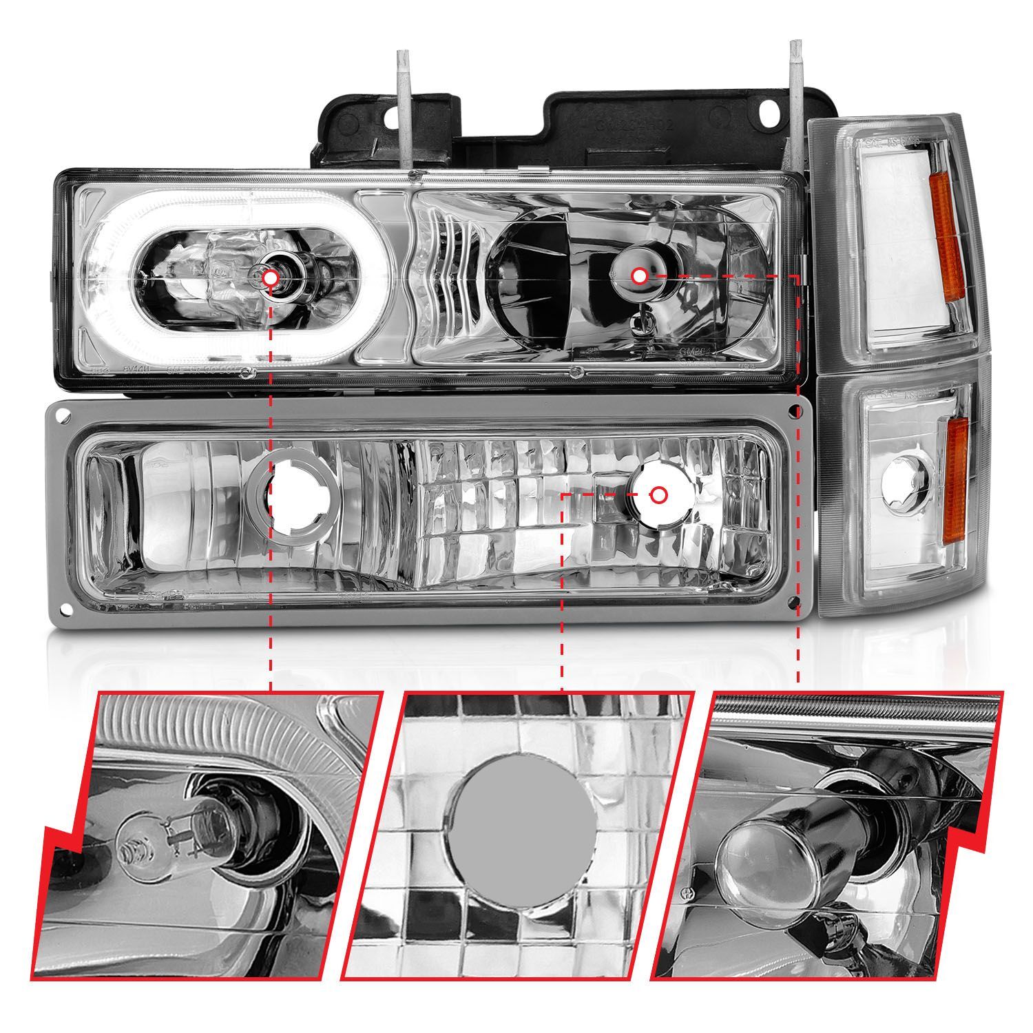 1994-2000 Chevrolet Blazer Full Size/C1500/C2500/C3500/Suburban/Tahoe Anzo Crystal Headlights W/ Halo Chrome Housing W/ Signal & Side Markers 8PC