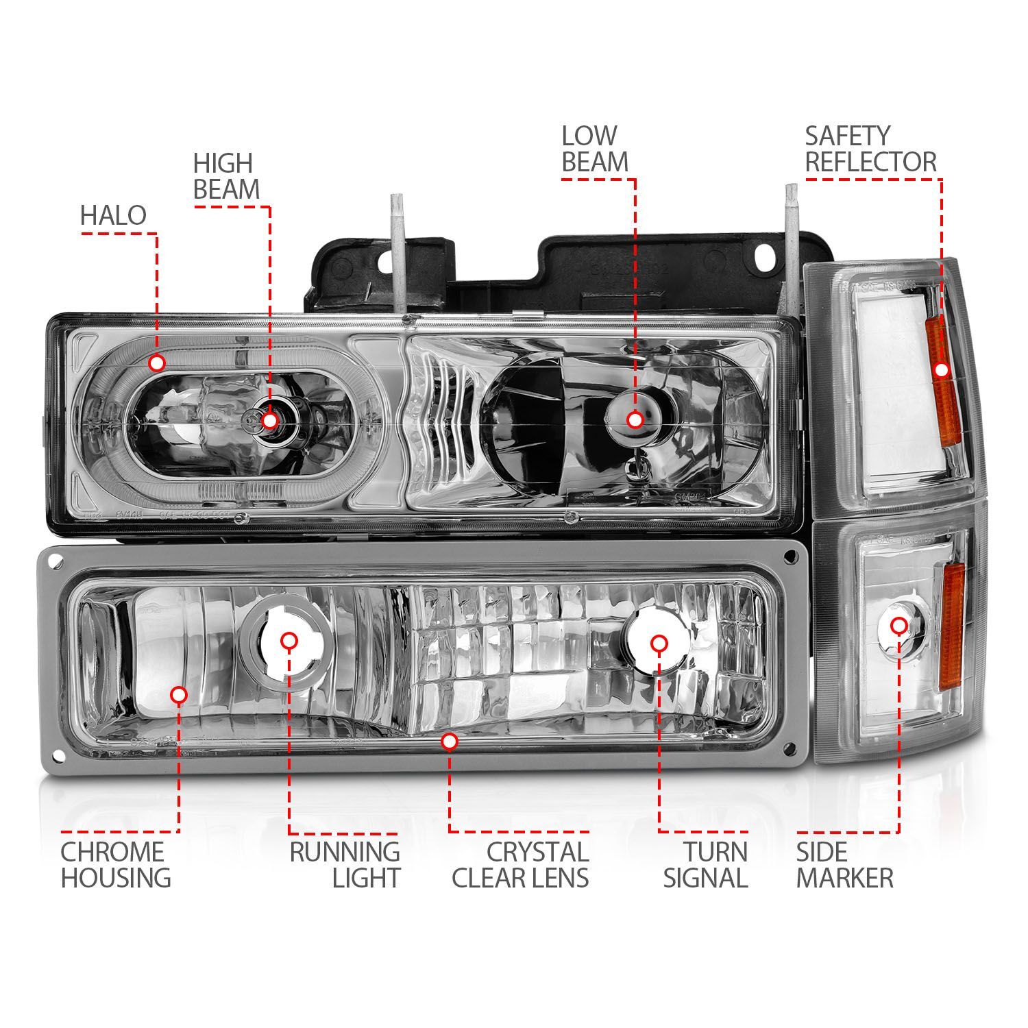 1994-2000 Chevrolet Blazer Full Size/C1500/C2500/C3500/Suburban/Tahoe Anzo Crystal Headlights W/ Halo Chrome Housing W/ Signal & Side Markers 8PC