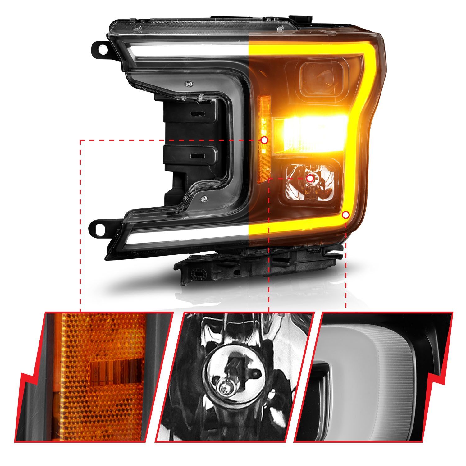 2018-2020 Ford F-150 Anzo Projector Headlight W/ Plank Style Switchback Black Housing