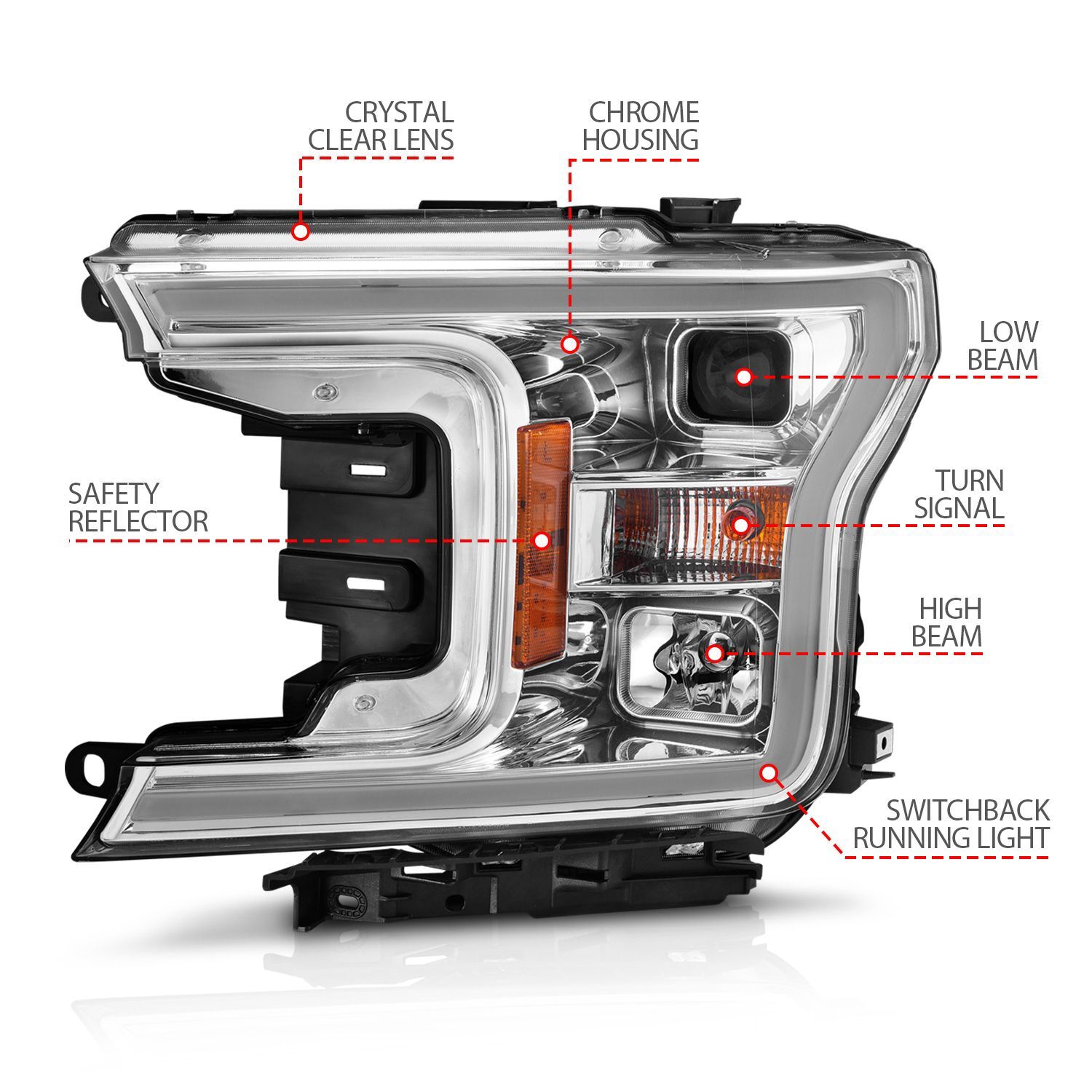 2018-2020 Ford F-150 Anzo Projector Headlight W/Plank Style Switchback Chrome Housing