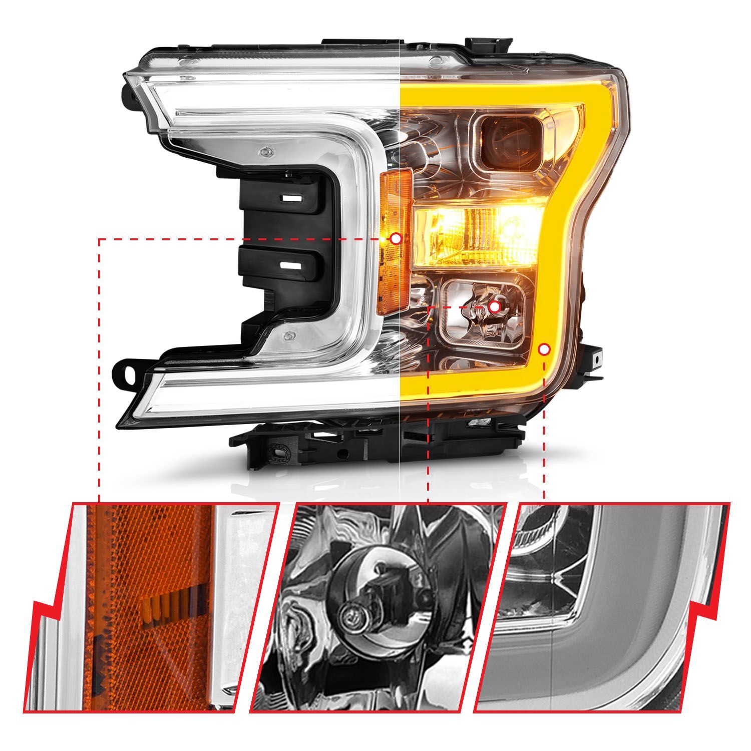 2018-2020 Ford F-150 Anzo Projector Headlight W/Plank Style Switchback Chrome Housing